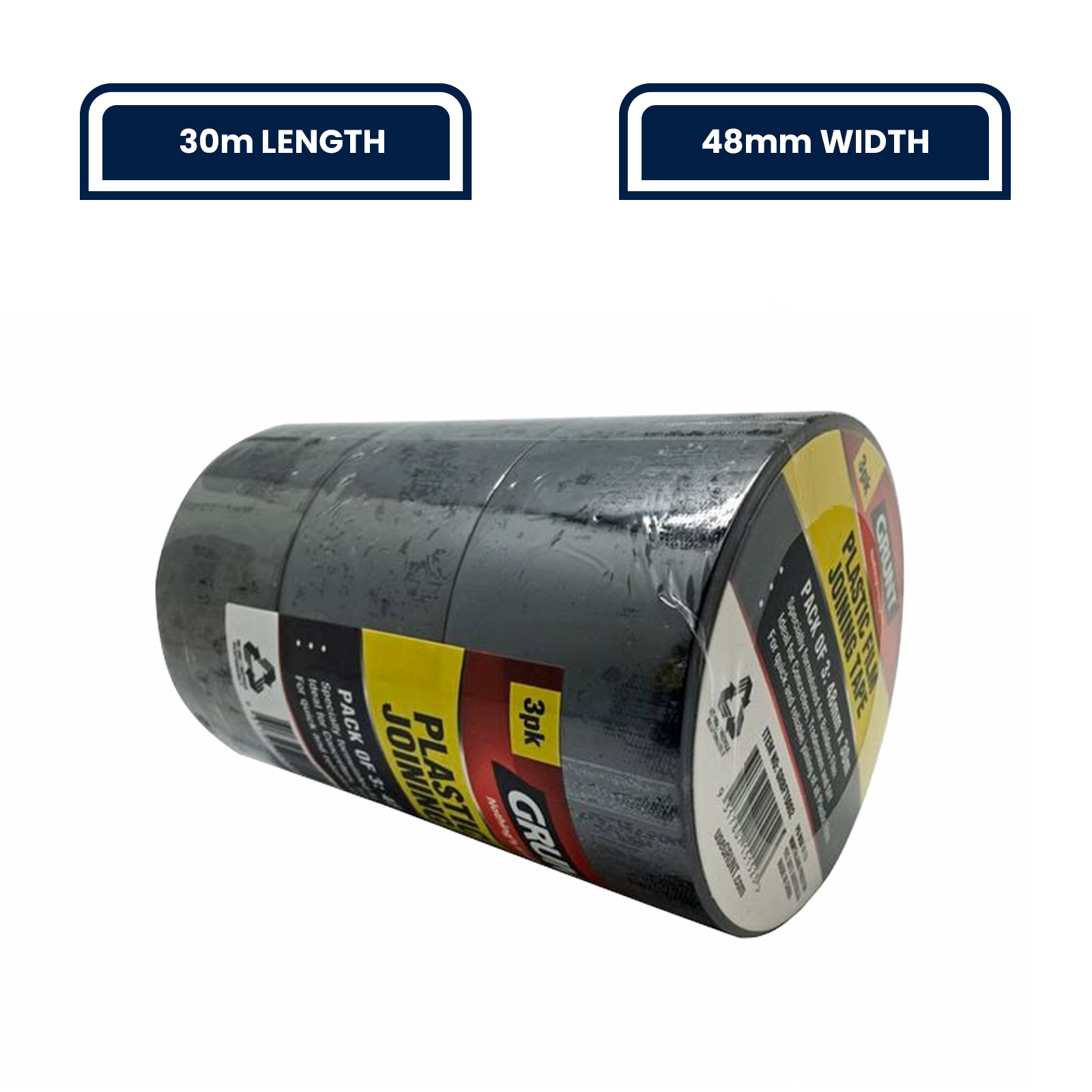 GRUNT 48mm x 30m Black Builders Film Tape 3-Pack – economy multi-pack of builders film joining tape for sealing and joining polythene sheeting on construction sites. Strong adhesion for DPC and vapour barriers. Available at Bunnings AU.