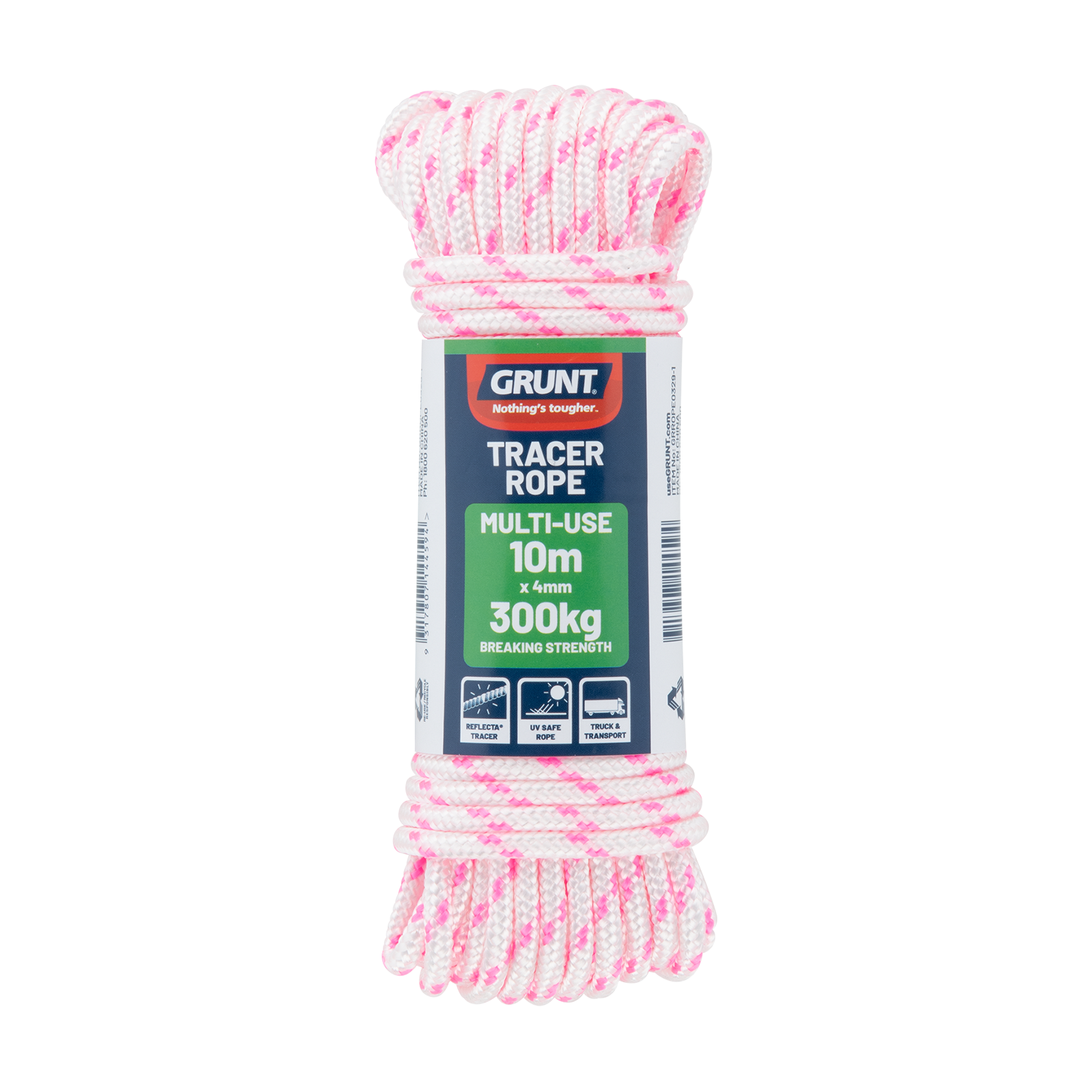 GRUNT 4mm x 10m White with Pink/Blue Tracer Rope – high-visibility construction line for marking, surveying, and building layout. Bright tracer for easy identification on site. Available at Bunnings AU and NZ.