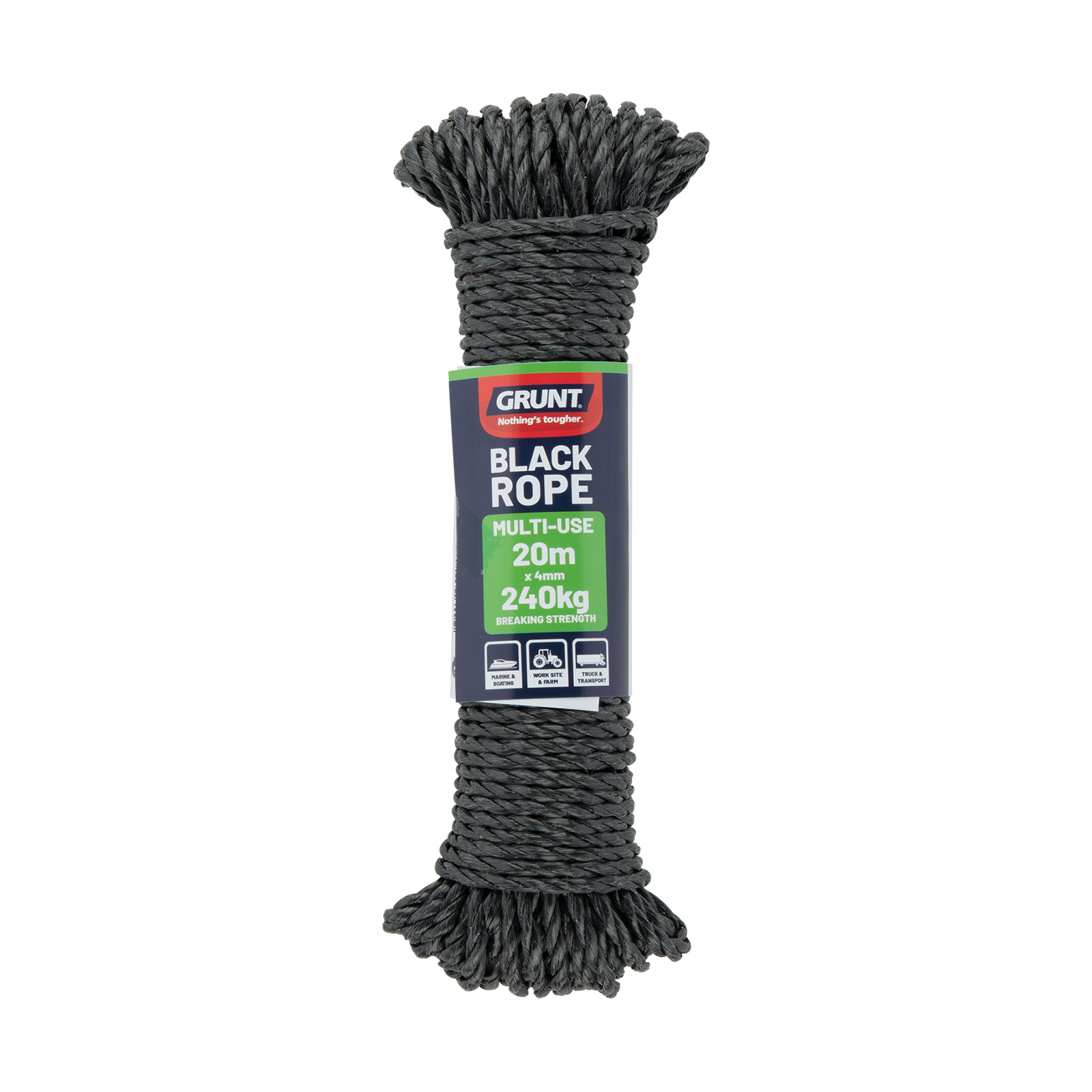 GRUNT 4mm x 20m Black Multi Purpose Rope – versatile black polypropylene rope for general tying, garden, camping, and outdoor securing tasks. UV-resistant and long-lasting. Available at Bunnings AU and NZ.