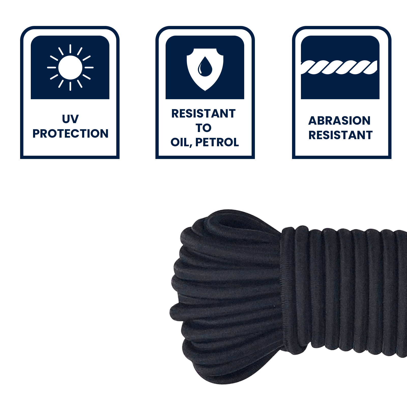 GRUNT 4mm x 20m Black Shock Cord – long-run elastic bungee cord for securing tarps, camping gear, and marine applications. Durable braided outer with rubber core. Available at Bunnings AU and NZ.