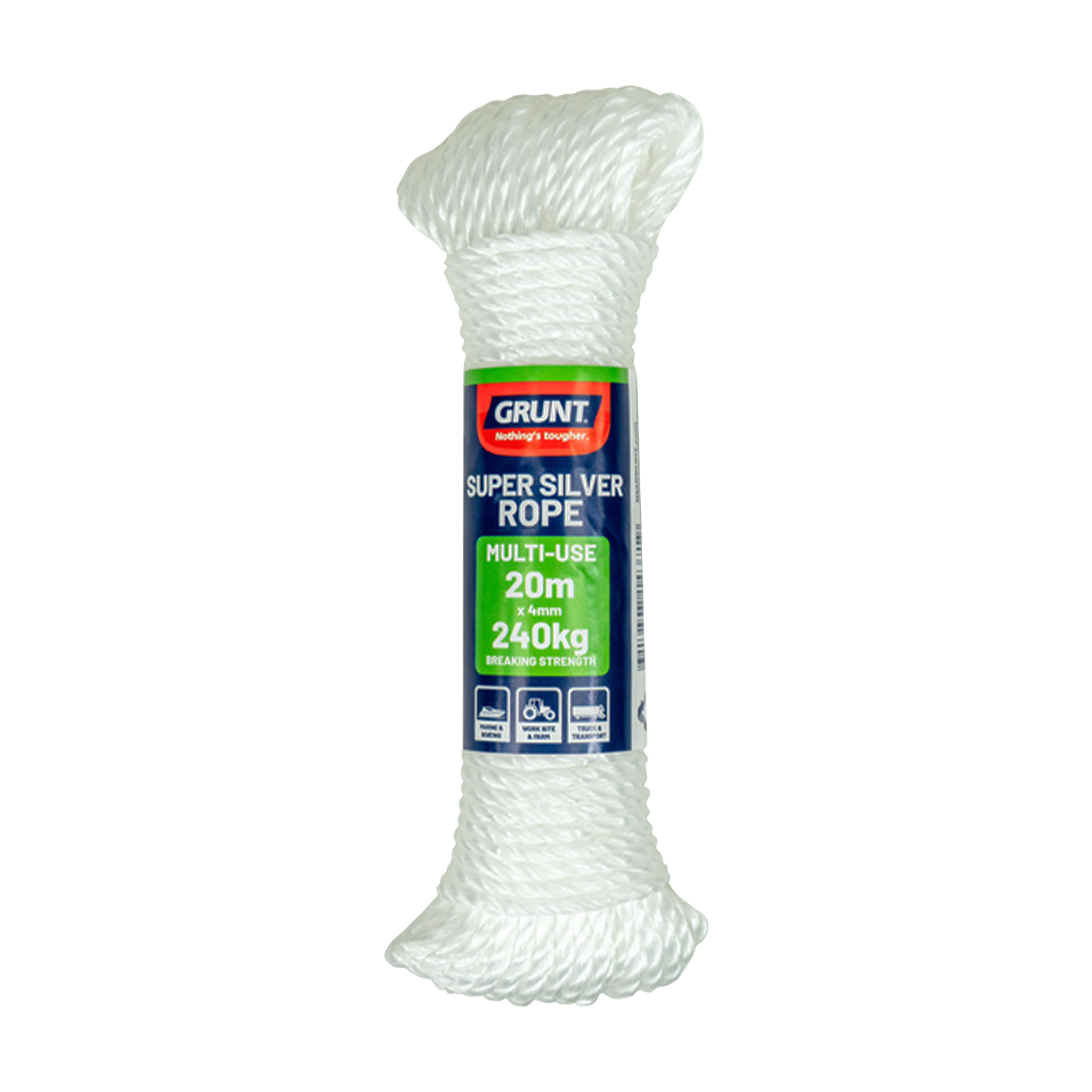 GRUNT 4mm x 20m White Super Silver Rope – lightweight UV-resistant polypropylene rope for general tying, garden, and outdoor DIY use. Versatile and durable everyday rope. Available at Bunnings AU and NZ.