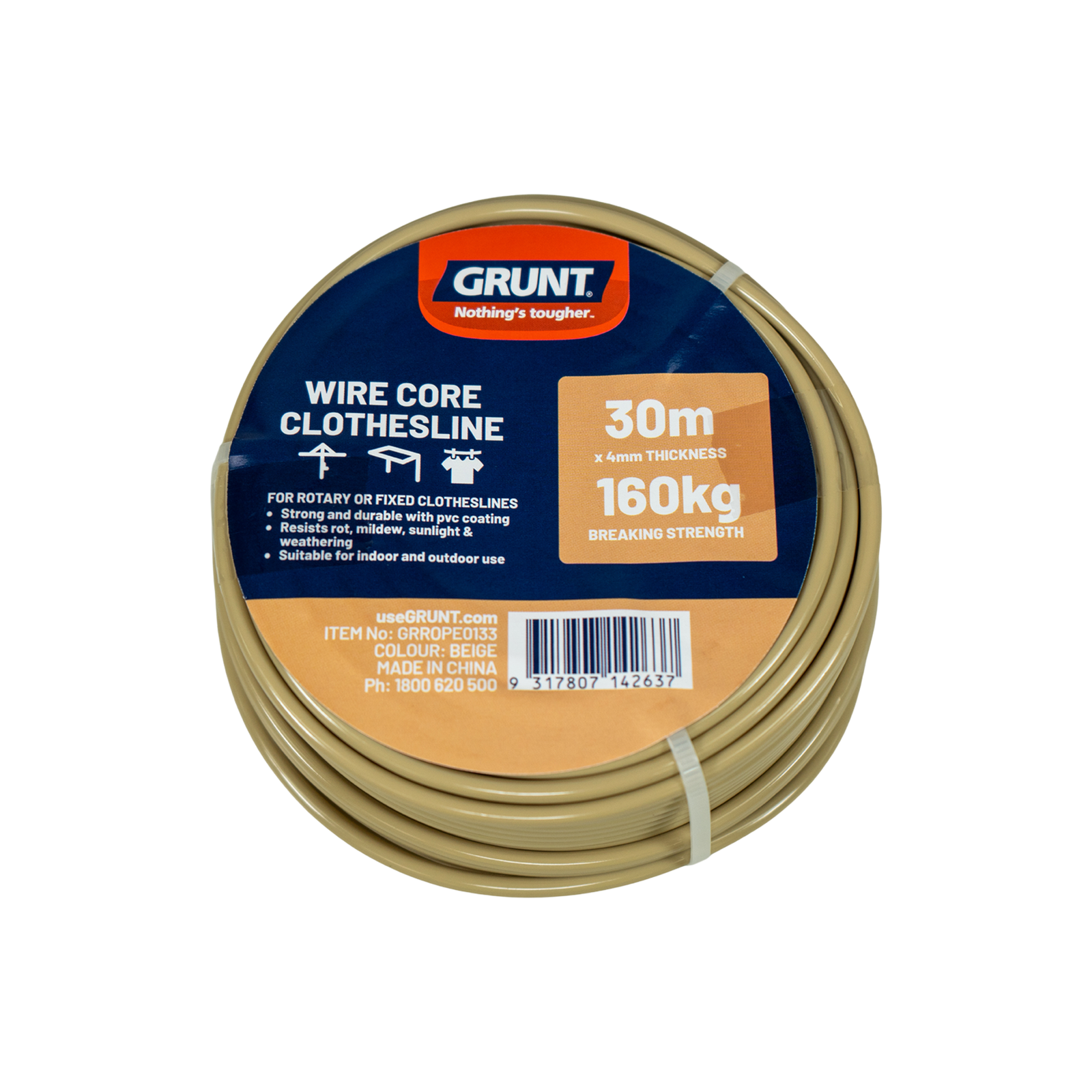 GRUNT 4mm x 30m Beige Wire Core Clothesline Wire – classic beige PVC-coated steel wire clothesline for backyard laundry. Strong, rust-resistant, and easy to install. Available at Bunnings AU and NZ.
