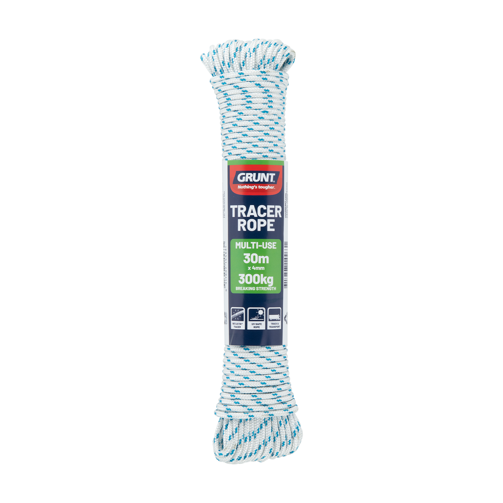 GRUNT 4mm x 30m High Visibility Tracer Rope – long-run pink/blue tracer rope for building layout, site marking, and construction surveying. Highly visible for accurate DIY and trade work. Available at Bunnings AU and NZ.