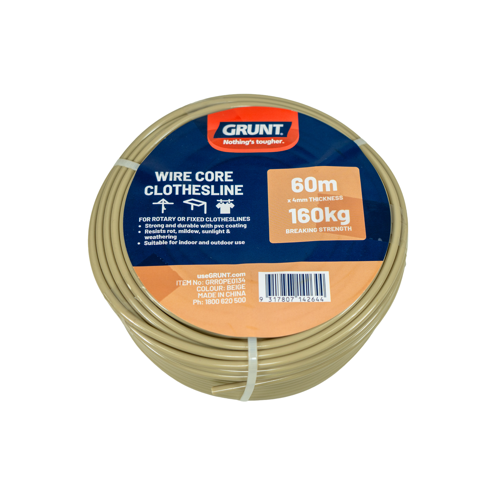 GRUNT 4mm x 60m Beige Wire Core Clothesline Wire – long-run PVC-coated steel wire clothesline for large outdoor laundry areas. Rust-resistant and weatherproof for extended use. Available at Bunnings AU and NZ.