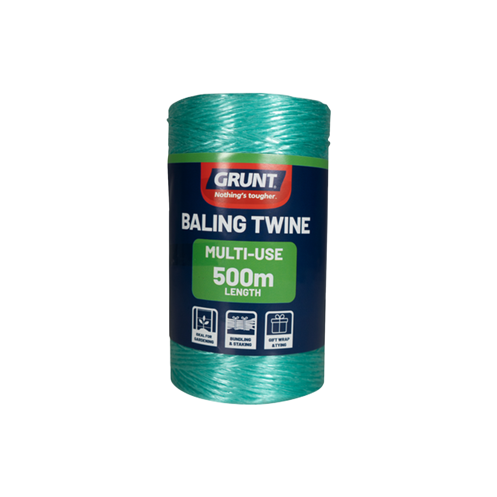 GRUNT 500m Green Baling Twine – heavy-duty polypropylene baling twine for hay bales, farming, and agricultural applications. High-strength, UV-resistant, and long-lasting. Available at Bunnings AU and NZ.