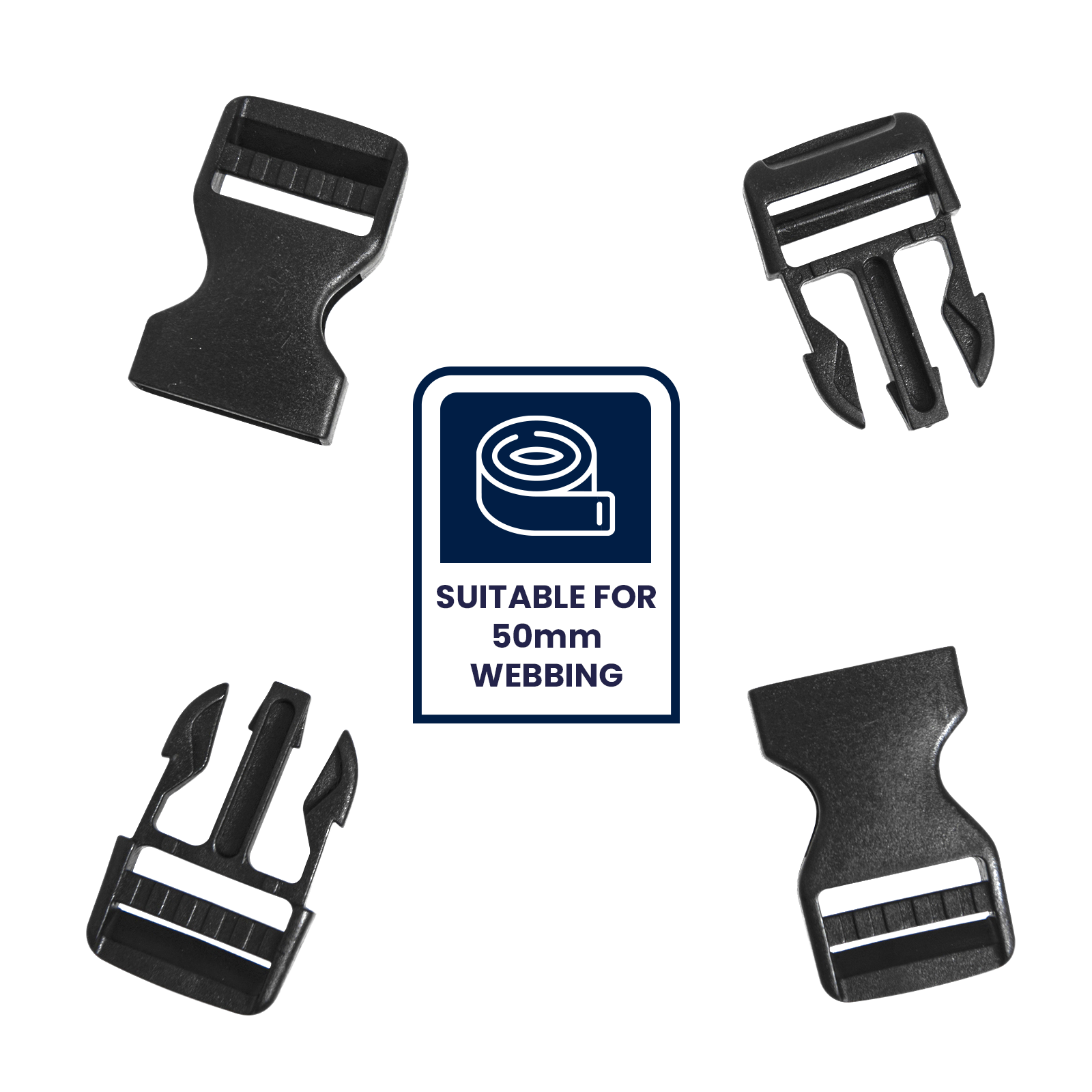 GRUNT 50mm Black Double Adjustable Release Buckle – heavy-duty dual-adjust side-release buckle for 50mm webbing, harnesses, and load straps. Strong and easy one-hand release. Available at Bunnings AU and NZ.