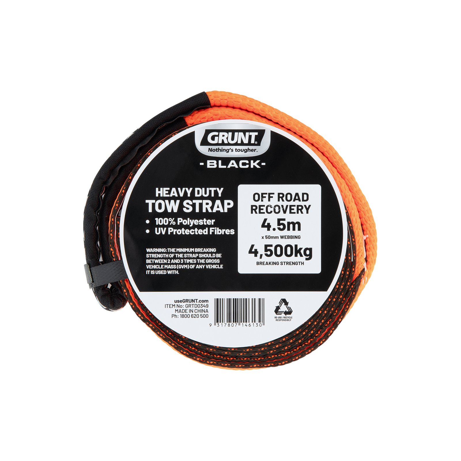 GRUNT 50mm Orange Heavy Duty Tow Strap – high-visibility heavy-duty polyester tow strap for vehicle recovery and towing. Strong loop ends for safe vehicle-to-vehicle attachment. Available at Bunnings AU and NZ.