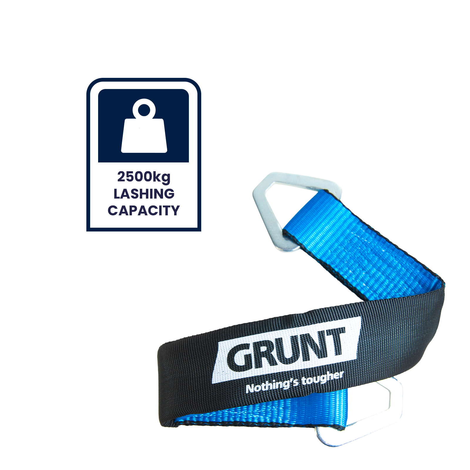 GRUNT 50mm x 60cm Blue and Black Heavy Duty Axle Strap – strong reinforced axle strap for vehicle recovery, towing, and wheel-lift towing applications. High working load for safe vehicle transport. Available at Bunnings AU and NZ.