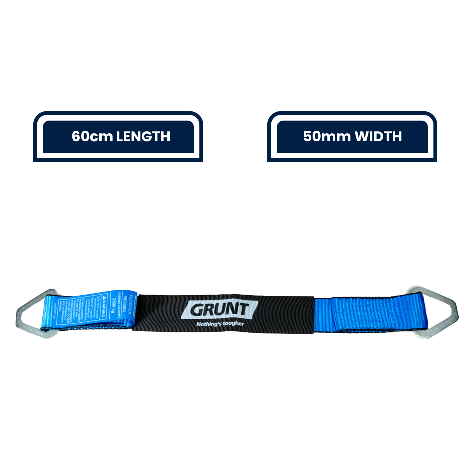 GRUNT 50mm x 60cm Blue and Black Heavy Duty Axle Strap – strong reinforced axle strap for vehicle recovery, towing, and wheel-lift towing applications. High working load for safe vehicle transport. Available at Bunnings AU and NZ.