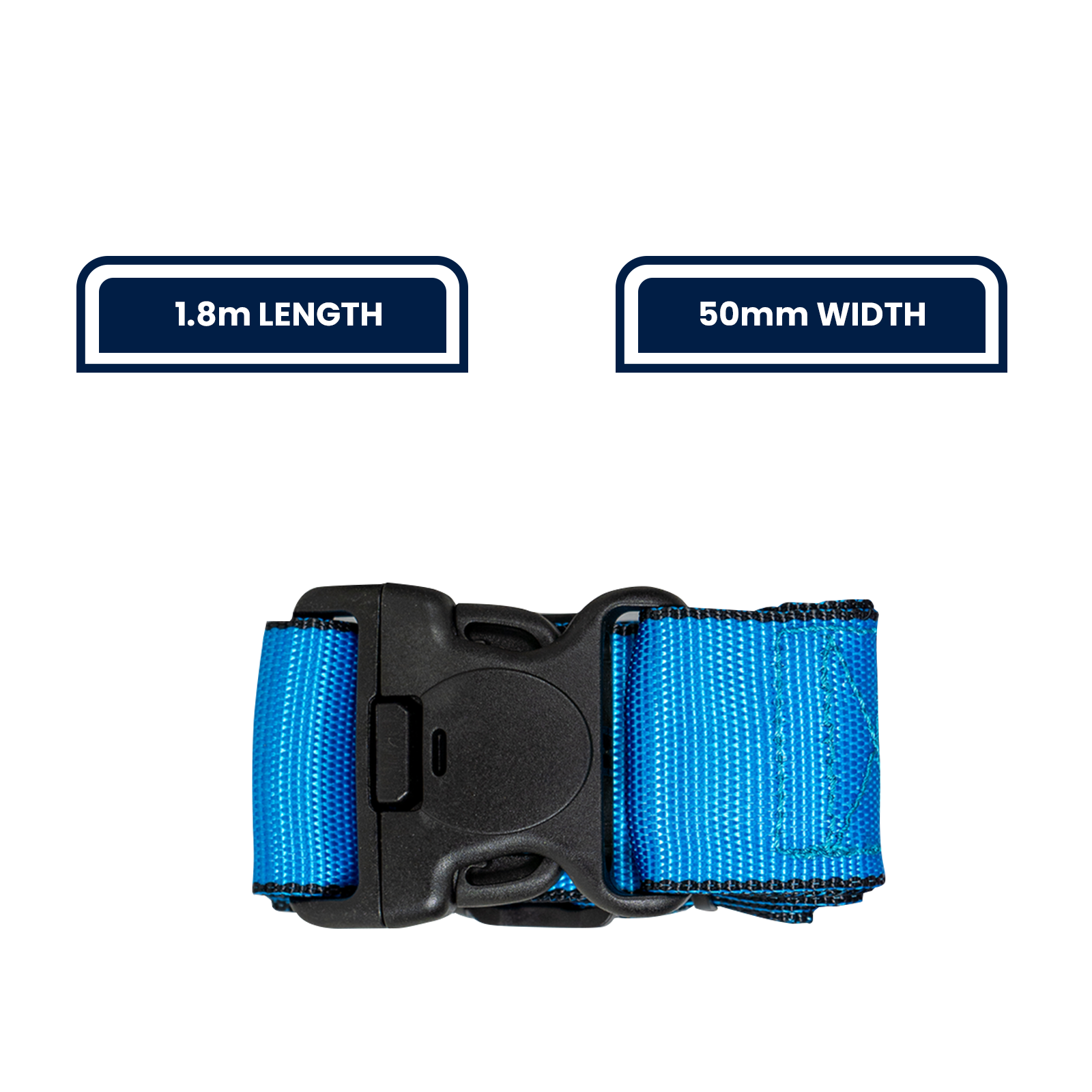GRUNT 50mm x 1.8m Blue Luggage Strap – wide cam-buckle strap for securing suitcases, travel bags, and luggage. Ideal for travel, storage, and moving applications. Available at Bunnings AU and NZ.