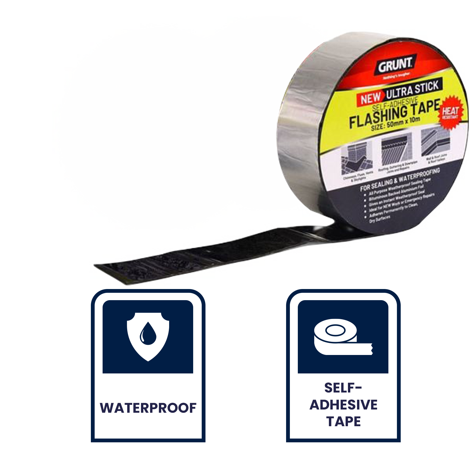 GRUNT 50mm x 10m Black Flashing Tape – self-adhesive waterproof flashing tape for sealing roof flashings, joints, and building envelope penetrations. Strong adhesion for long-term weatherproofing. Available at Bunnings AU.