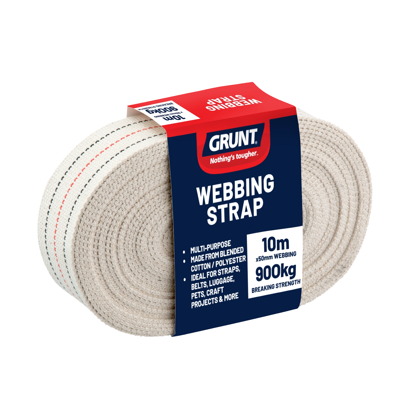 GRUNT 50mm x 10m Cotton Heavy Duty Webbing – wide natural cotton webbing for upholstery, furniture strapping, and eco-friendly DIY craft projects. Strong, breathable, and biodegradable. Available at Bunnings NZ.