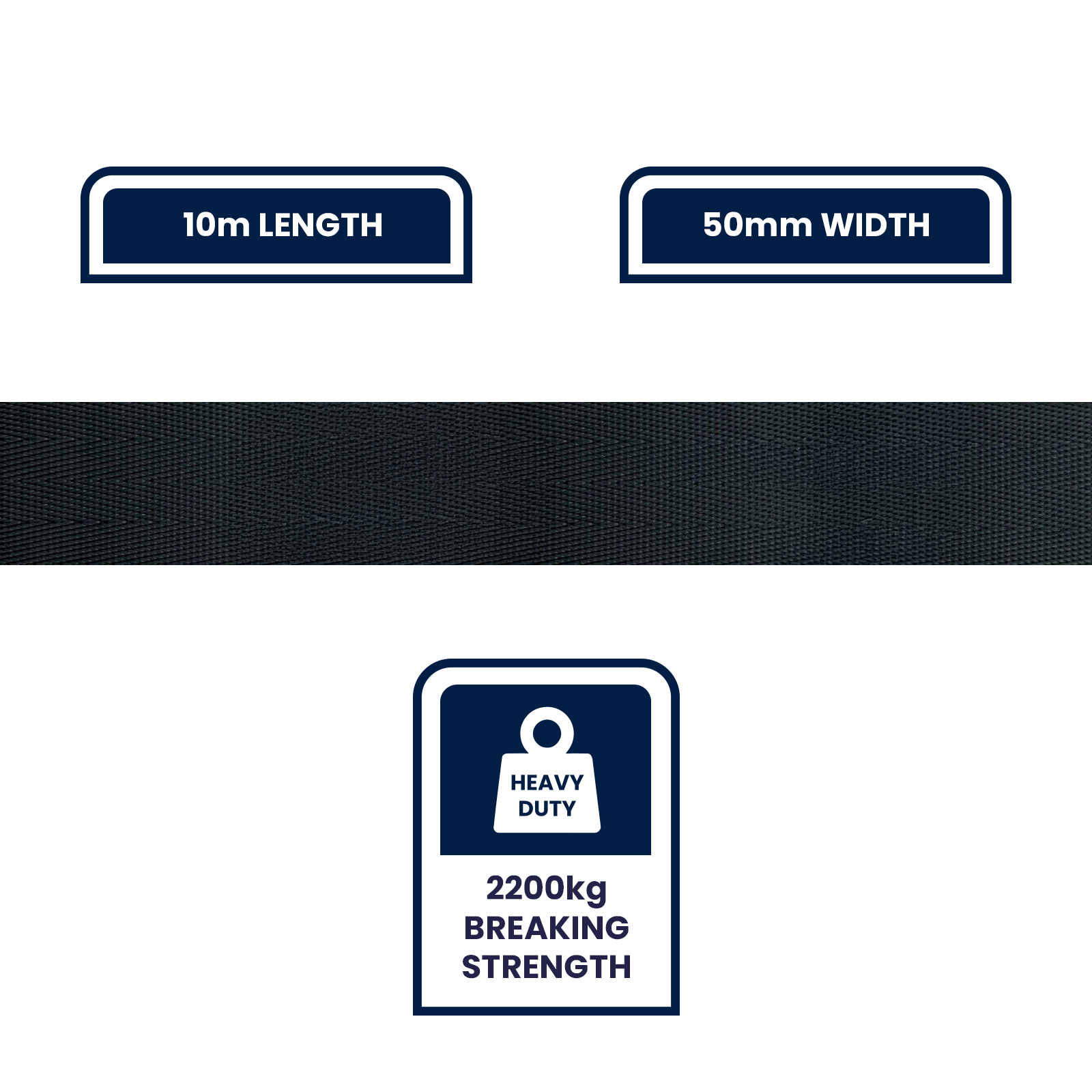 GRUNT 50mm x 10m Nylon Black Heavy Duty Polyester Webbing – wide nylon-reinforced webbing for heavy-duty tie-downs, commercial straps, and industrial cargo control. High breaking strength. Available at Bunnings NZ.