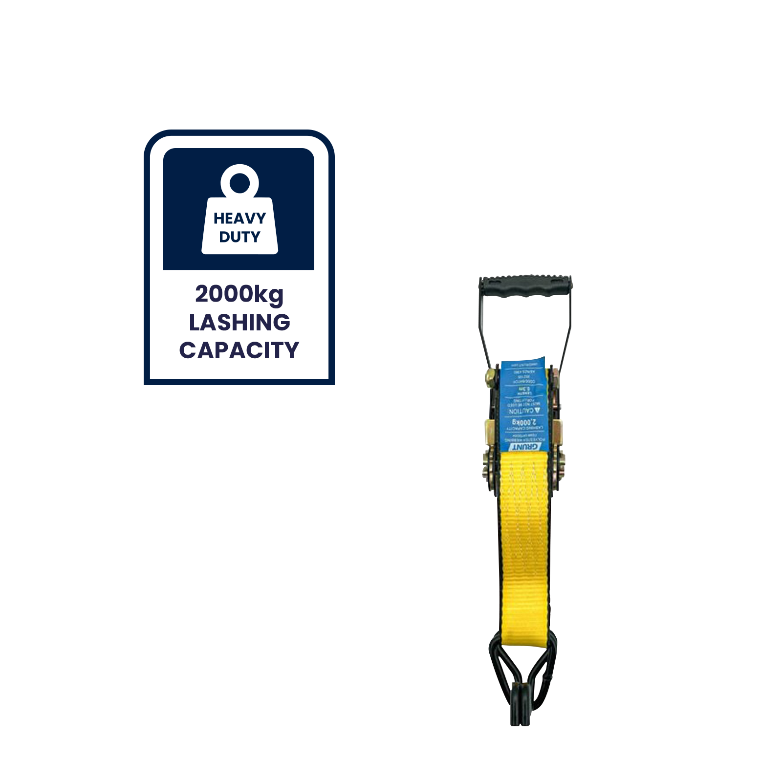 GRUNT 50mm x 6m Yellow Heavy Duty Ratchet Tie Down – extra-wide high-strength ratchet strap for securing heavy machinery and large loads. High working load for professional and tradie transport. Available at Bunnings AU and NZ.