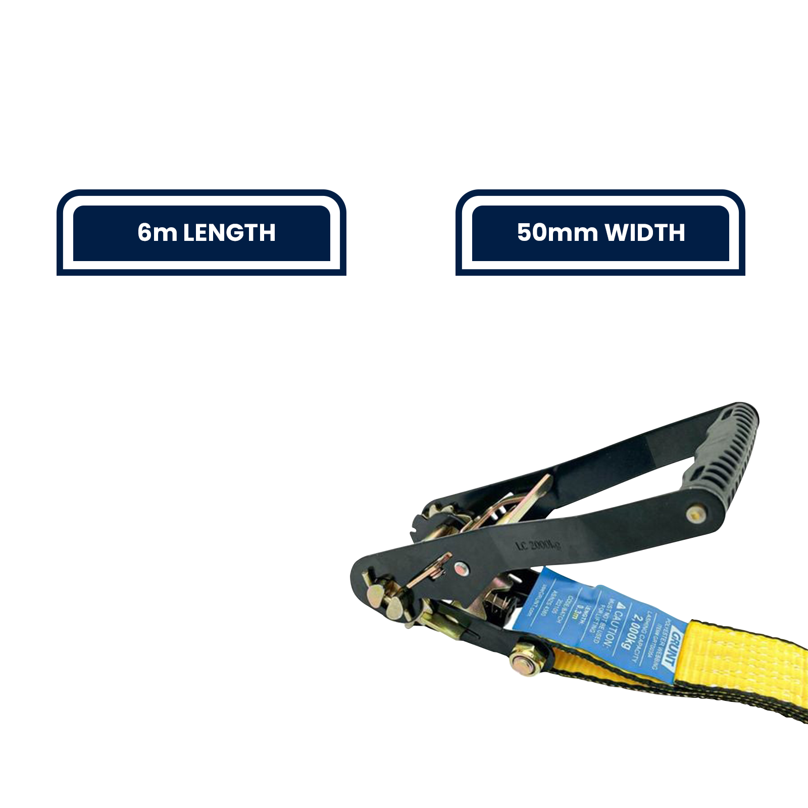 GRUNT 50mm x 6m Yellow Heavy Duty Ratchet Tie Down – extra-wide high-strength ratchet strap for securing heavy machinery and large loads. High working load for professional and tradie transport. Available at Bunnings AU and NZ.