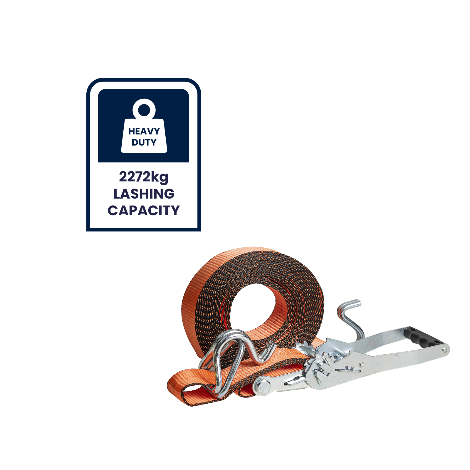 GRUNT 50mm x 8m Orange Heavy Duty Ratchet Tie Down – extra-wide long-length ratchet strap for securing heavy loads, vehicles, and machinery. High working load for professional transport. Available at Bunnings AU and NZ.