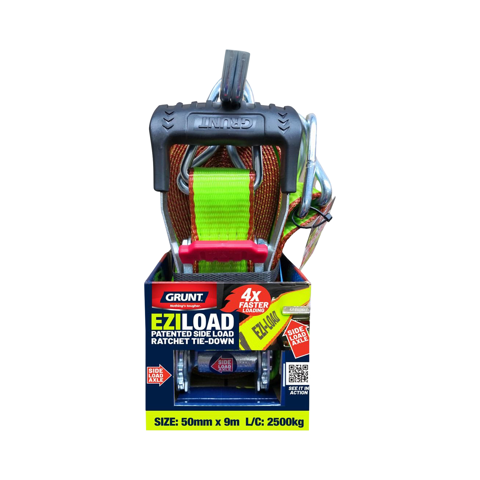GRUNT Ezi-Load 50mm x 9m Green Heavy Duty Ratchet Tie Down – extra-wide long-reach ratchet strap with Ezi-Load single-hand system for securing heavy cargo and machinery. Available at Bunnings AU and NZ.