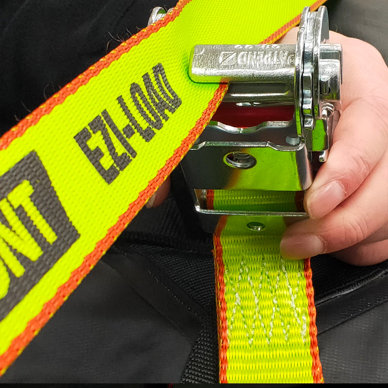 GRUNT Ezi-Load 50mm x 9m Green Heavy Duty Ratchet Tie Down – extra-wide long-reach ratchet strap with Ezi-Load single-hand system for securing heavy cargo and machinery. Available at Bunnings AU and NZ.