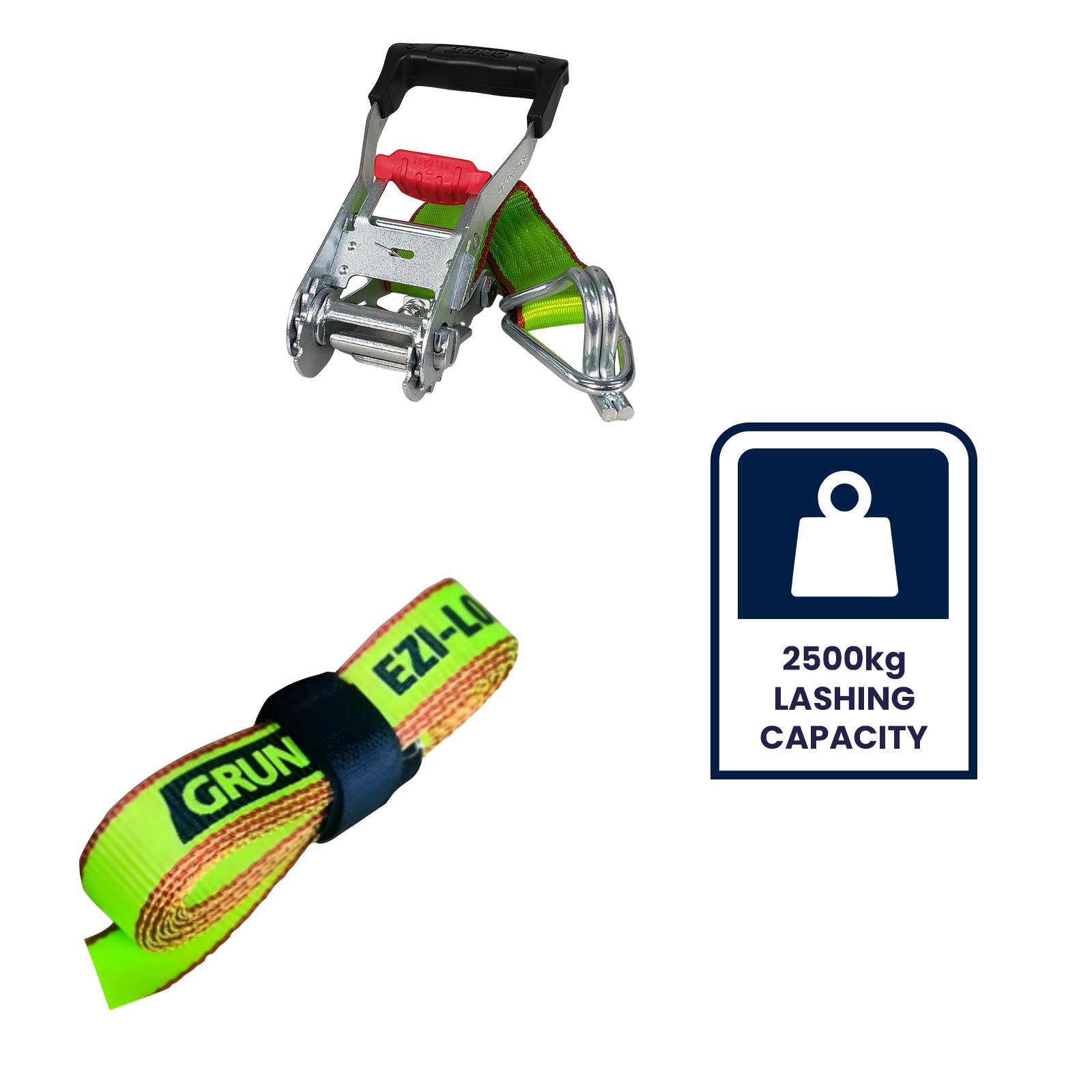 GRUNT Ezi-Load 50mm x 9m Green Heavy Duty Ratchet Tie Down – extra-wide long-reach ratchet strap with Ezi-Load single-hand system for securing heavy cargo and machinery. Available at Bunnings AU and NZ.