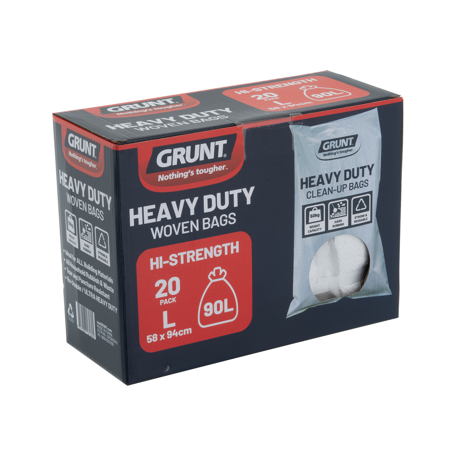 GRUNT 90L Ultra Heavy Duty Clean Up Bags – reinforced clean-up bags for garden waste, construction debris, and heavy rubble. Multi-layer puncture-resistant construction for demanding outdoor jobs. Available at Bunnings AU and NZ.