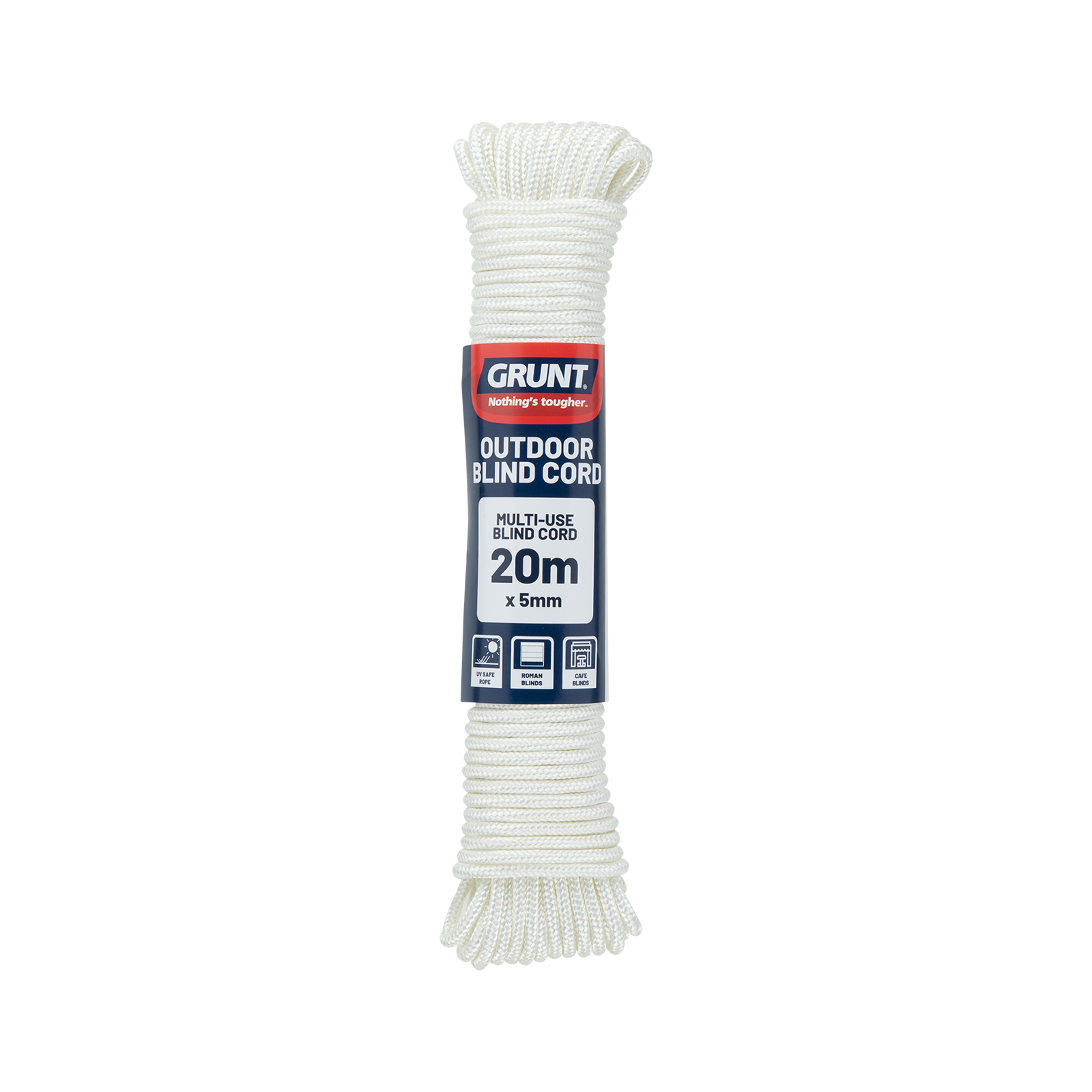 GRUNT 5mm x 20m White Outdoor Blind Cord – heavy-duty replacement cord for outdoor roller blinds, awnings, and external shade systems. UV-resistant and weatherproof. Available at Bunnings AU.
