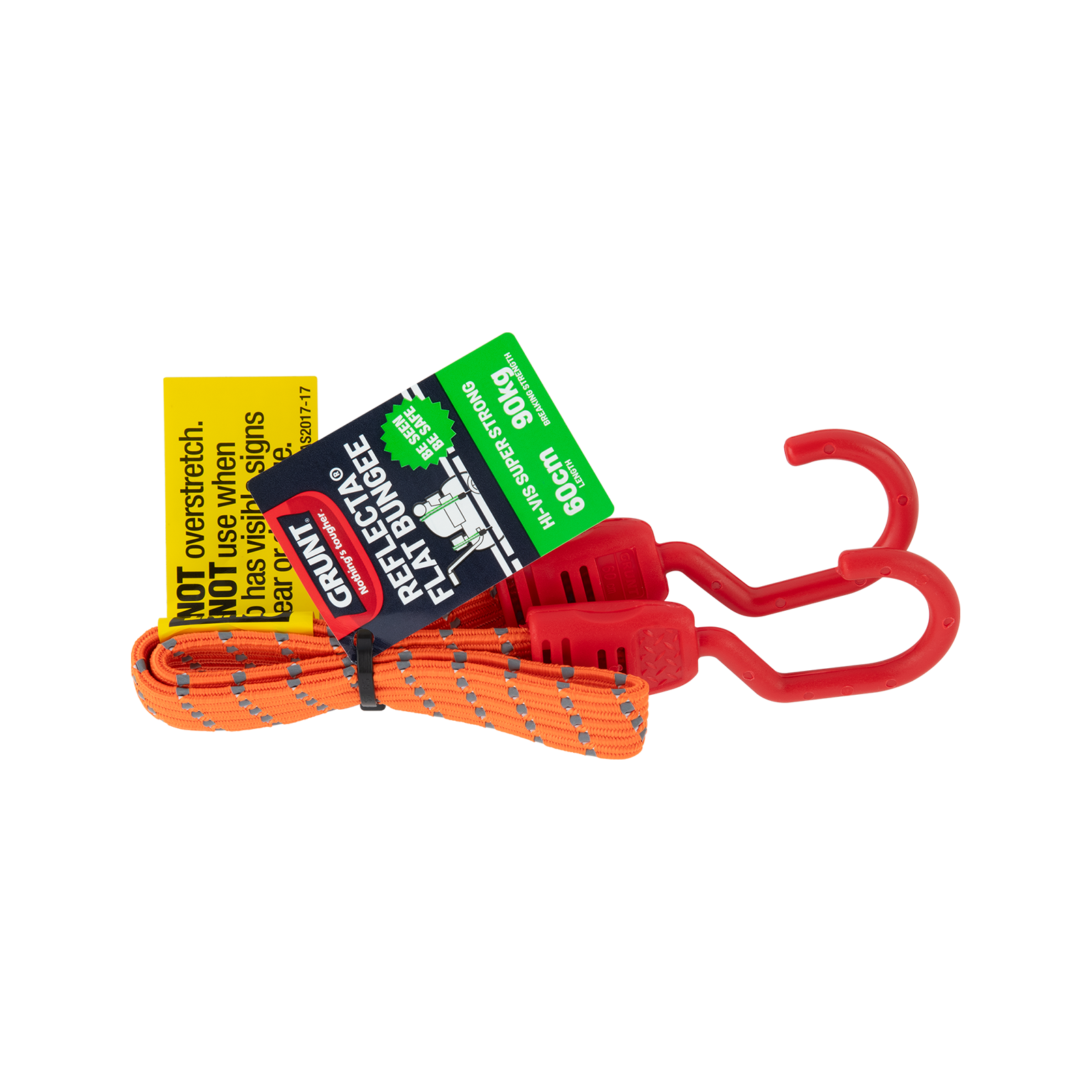 GRUNT 60cm Fluro Green Reflecta Flat Bungee Strap – high-visibility flat bungee strap for securing loads on bikes, trailers, and racks. Reflective threads for night-time safety visibility. Available at Bunnings AU and NZ.