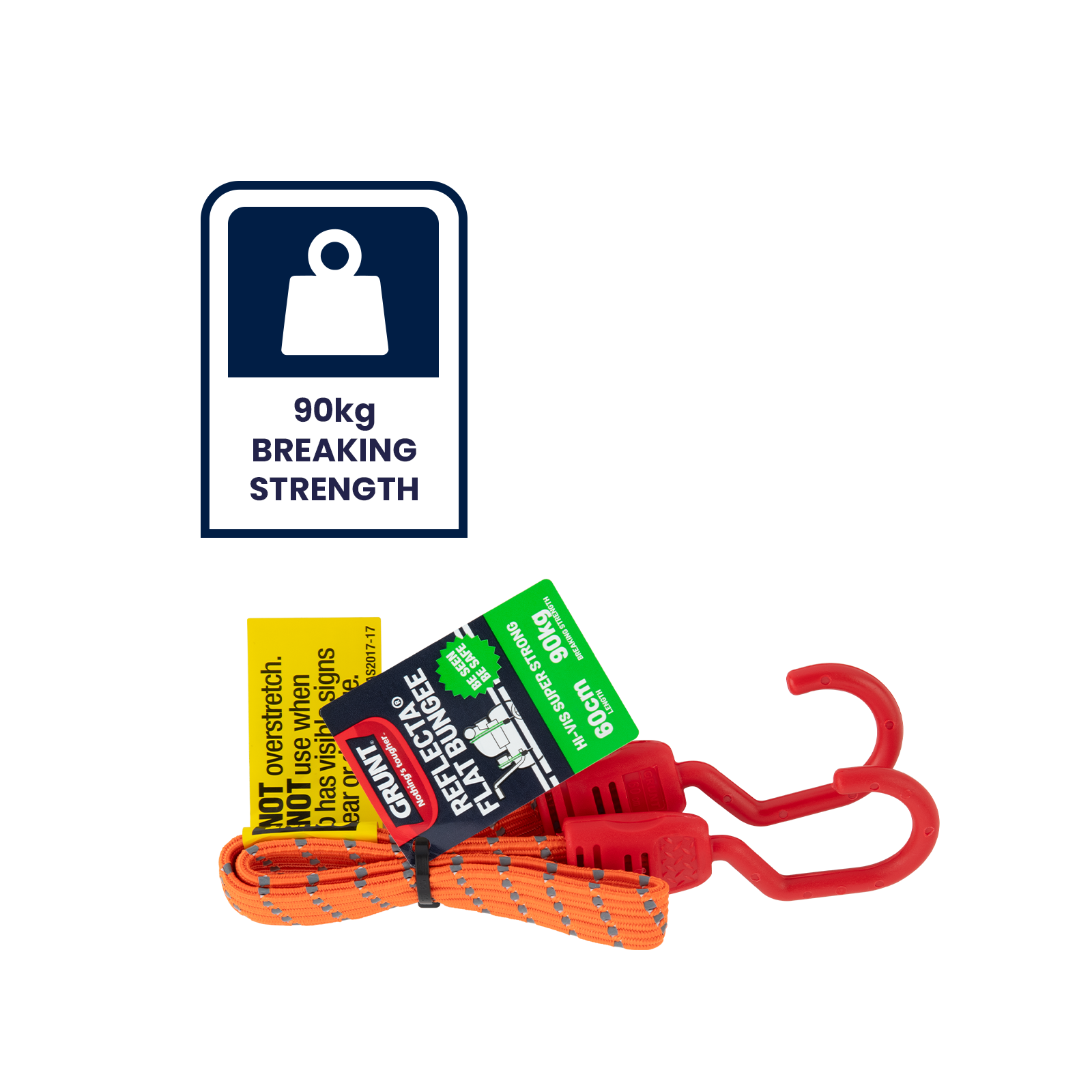 GRUNT 60cm Fluro Green Reflecta Flat Bungee Strap – high-visibility flat bungee strap for securing loads on bikes, trailers, and racks. Reflective threads for night-time safety visibility. Available at Bunnings AU and NZ.