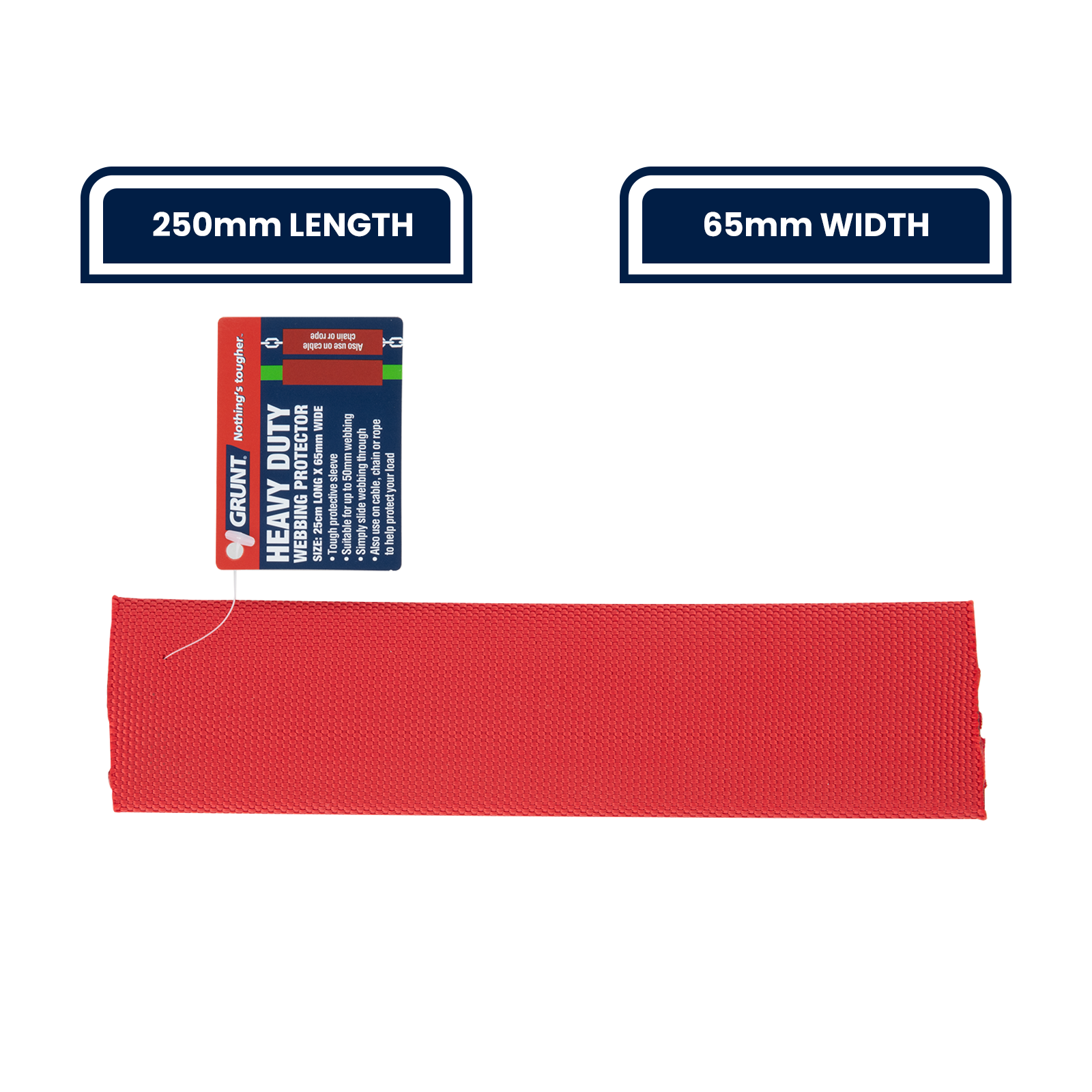 GRUNT 65mm x 25cm Red Heavy Duty Webbing Protector – durable strap sleeve to protect tie-down webbing from sharp edges and corners during load transport. Extends strap life and prevents cutting. Available at Bunnings AU.