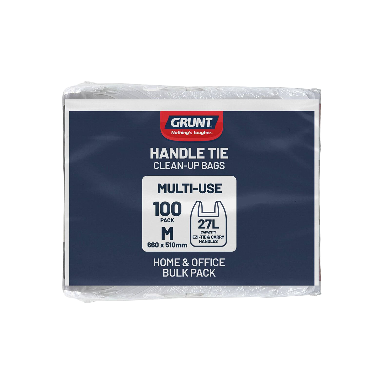GRUNT 27L White Kitchen Tie Top Rubbish Bags 100-Pack – value-pack tie-top bin liners for standard 27L kitchen tidy bins. Built-in tie strips for hygienic and odour-controlled daily waste. Available at Bunnings AU and NZ.