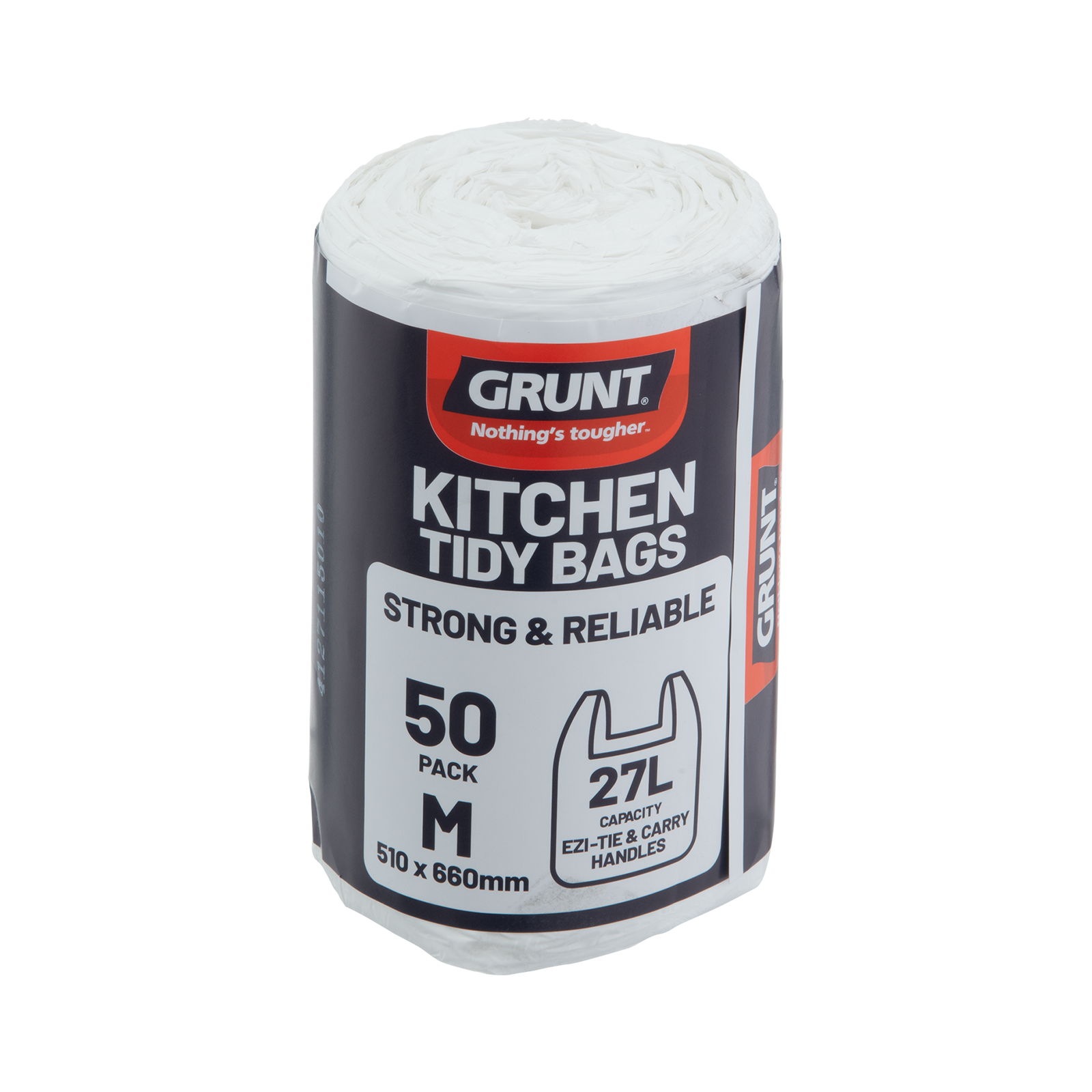 GRUNT 27L White Medium Kitchen Tidy Bags 50-Pack – clean white bin liners for standard 27L kitchen tidy bins. Strong and leak-resistant for everyday household waste disposal. Available at Bunnings AU.
