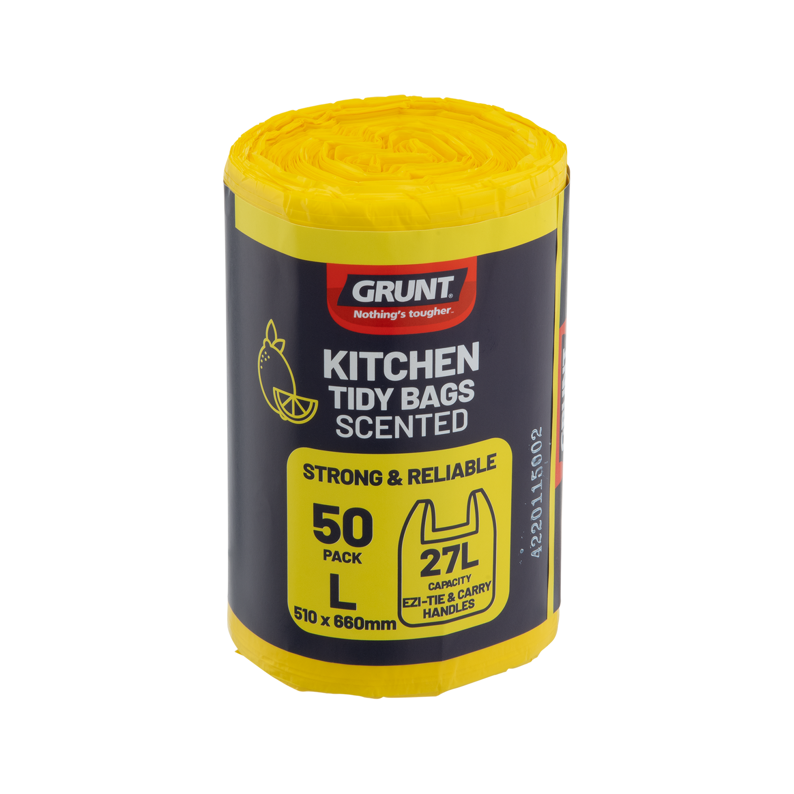 GRUNT 27L Yellow Lemon Scented Kitchen Tidy Bags 50-Pack – odour-neutralising lemon scented kitchen bin bags for fresh-smelling waste disposal. Medium size fits standard kitchen tidy bins. Available at Bunnings AU and NZ.