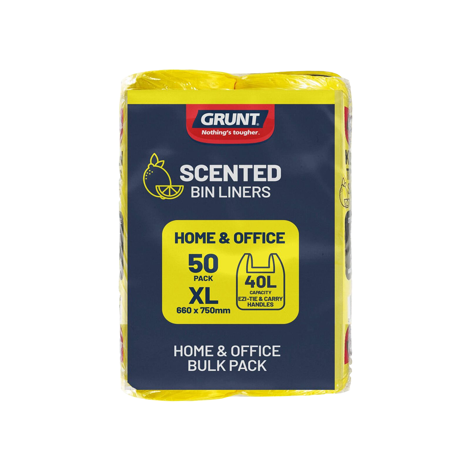 GRUNT 40L Yellow Lemon Scented Tie Top Rubbish Bags 50-Pack – fresh-scented tie-top bin liners for large kitchen bins. Odour-neutralising lemon fragrance with convenient built-in tie strips. Available at Bunnings AU and NZ.