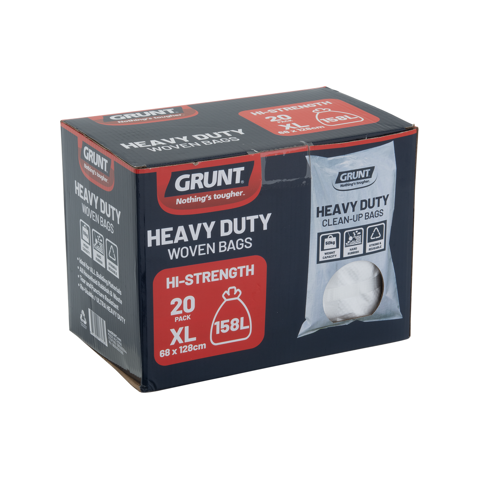 GRUNT 158L Black Ultra Heavy Duty Clean Up Bags – reinforced heavy-duty bags for large garden cleanup, construction waste, and rubble removal. Extra-strong puncture-resistant design for tough tradie jobs. Available at Bunnings AU.