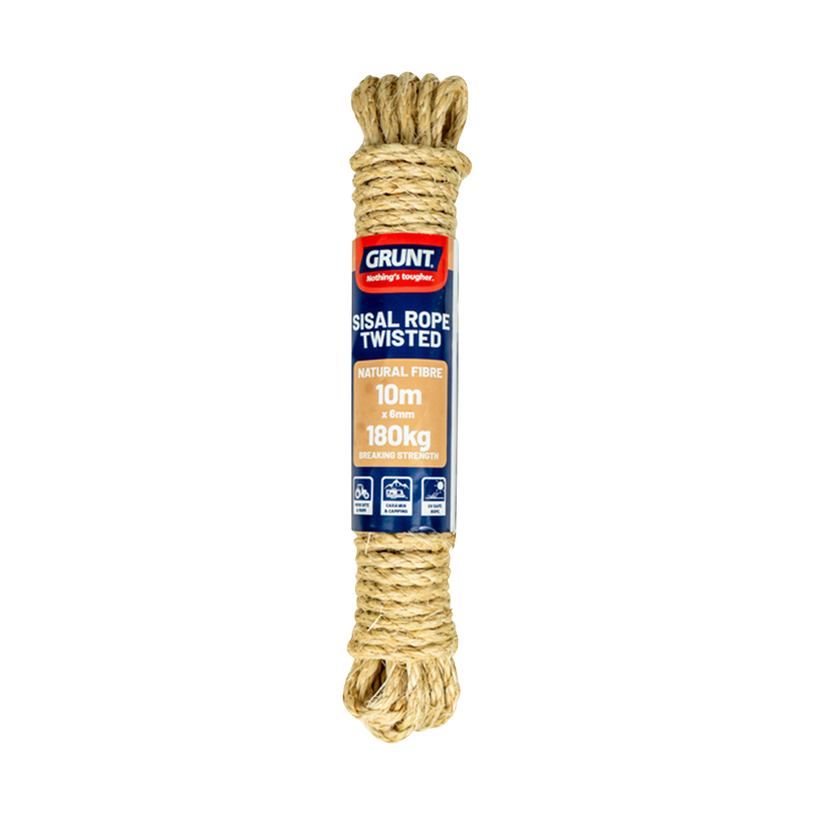 GRUNT 6mm x 10m Natural Sisal Twisted Rope – eco-friendly biodegradable sisal rope for garden, craft, cat scratching posts, and decorative use. Natural and sustainable fibre. Available at Bunnings AU and NZ.
