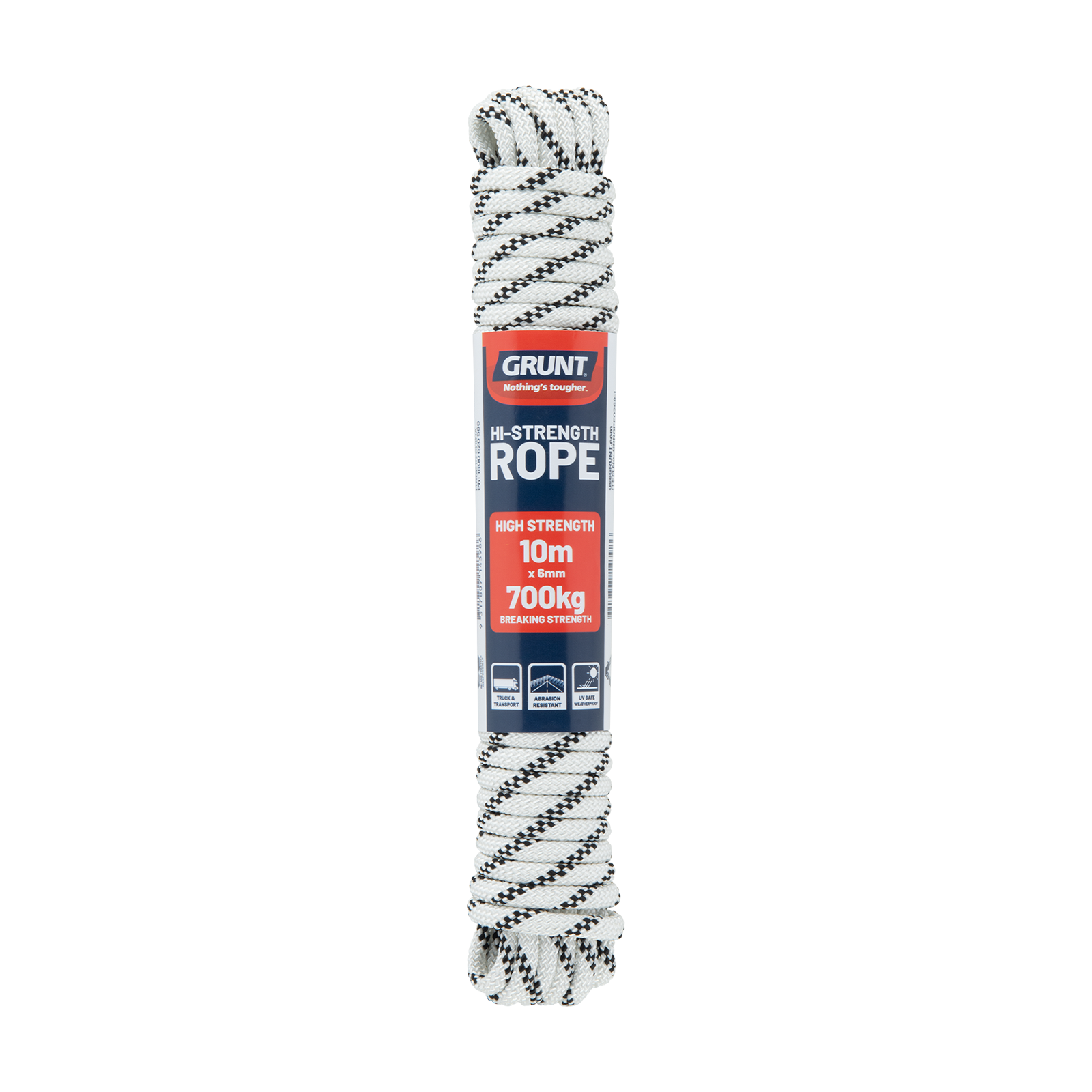 GRUNT 6mm x 10m White High Strength Rope – lightweight yet tough polypropylene rope for tying, securing, and general outdoor tasks. UV-resistant with high load-bearing capacity. Available at Bunnings AU and NZ.