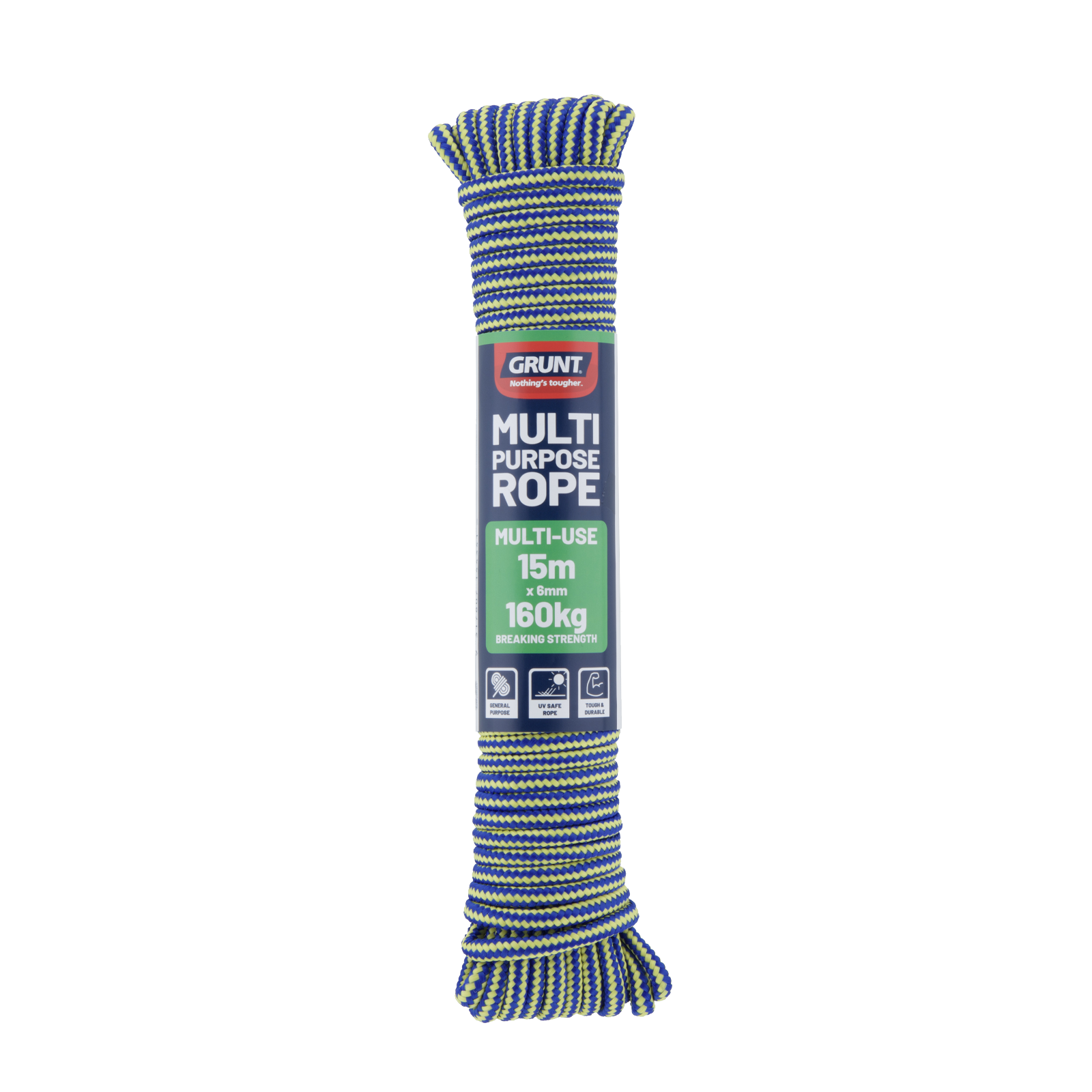 GRUNT 6mm x 15m Multicolour Multi Purpose Rope – vibrant, strong polypropylene rope for general household, garden, and outdoor use. UV-resistant and versatile for countless applications. Available at Bunnings AU and NZ.