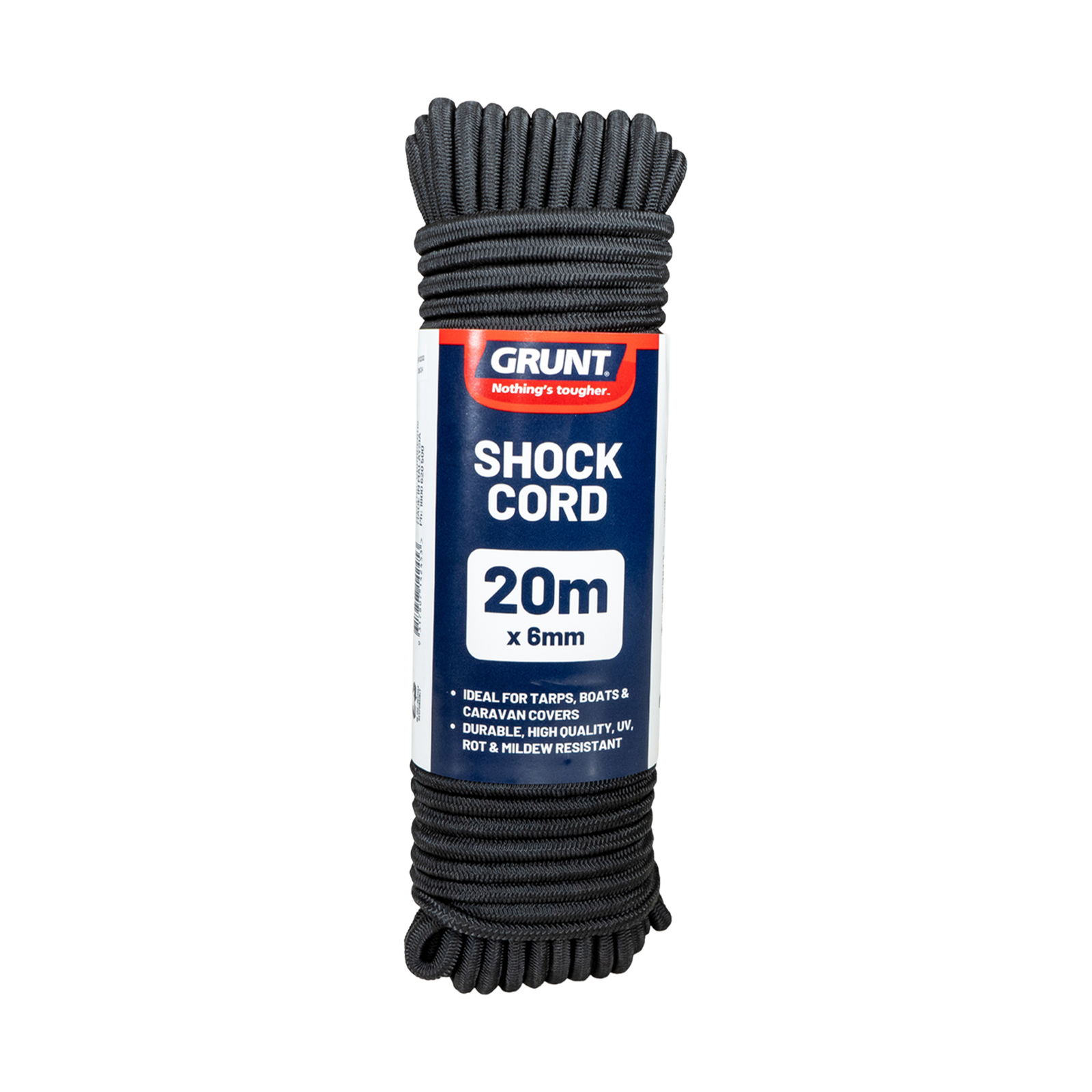 GRUNT 6mm x 20m Black Shock Cord – medium-thick elastic bungee cord for heavy-duty load securing, tarp tie-downs, and marine use. Strong stretch and recovery. Available at Bunnings AU and NZ.