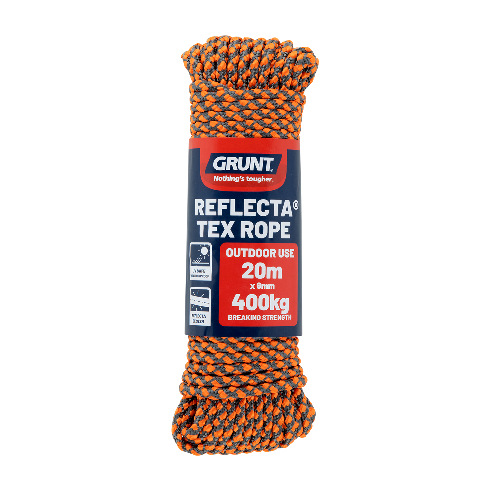 GRUNT 6mm x 20m Orange Reflecta-Tex Rope – thick high-visibility reflective rope for site safety, camping, and outdoor perimeter marking. Textured grip surface with night-reflective threads. Available at Bunnings AU and NZ.