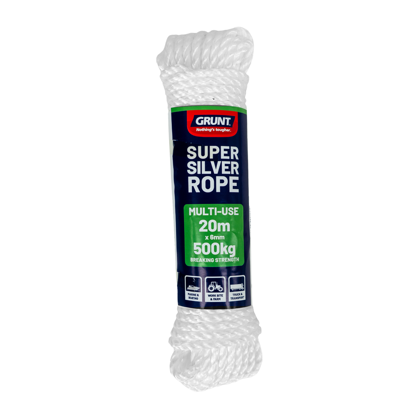 GRUNT 6mm x 20m White Super Silver Rope – UV-stabilised polypropylene rope for securing, camping, and general outdoor applications. Strong and weather-resistant for DIY and trade. Available at Bunnings AU and NZ.