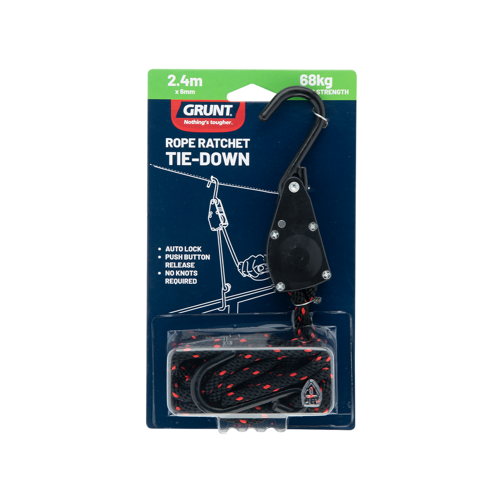 GRUNT 6mm x 240cm Black Rope Ratchet Tie Down – compact rope-style ratchet for securing motorcycles, bikes, and light loads. Easy-to-use ratchet mechanism for quick and secure fastening. Available at Bunnings AU and NZ.