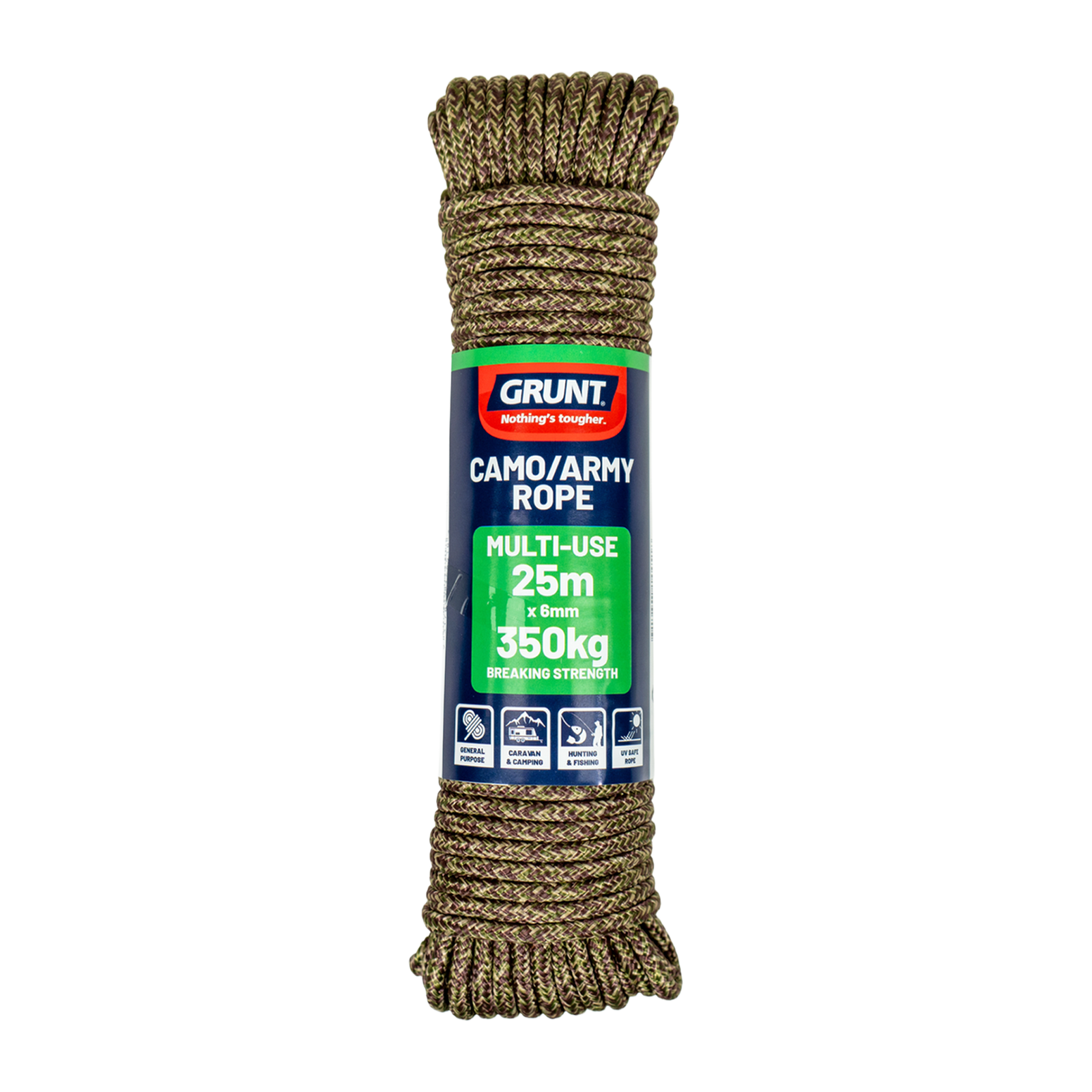 GRUNT 6mm x 25m Camouflage Army Cord – thick camo-patterned rope for hunting, camping, bushcraft, and outdoor adventure. Durable and versatile multi-use rope. Available at Bunnings AU and NZ.