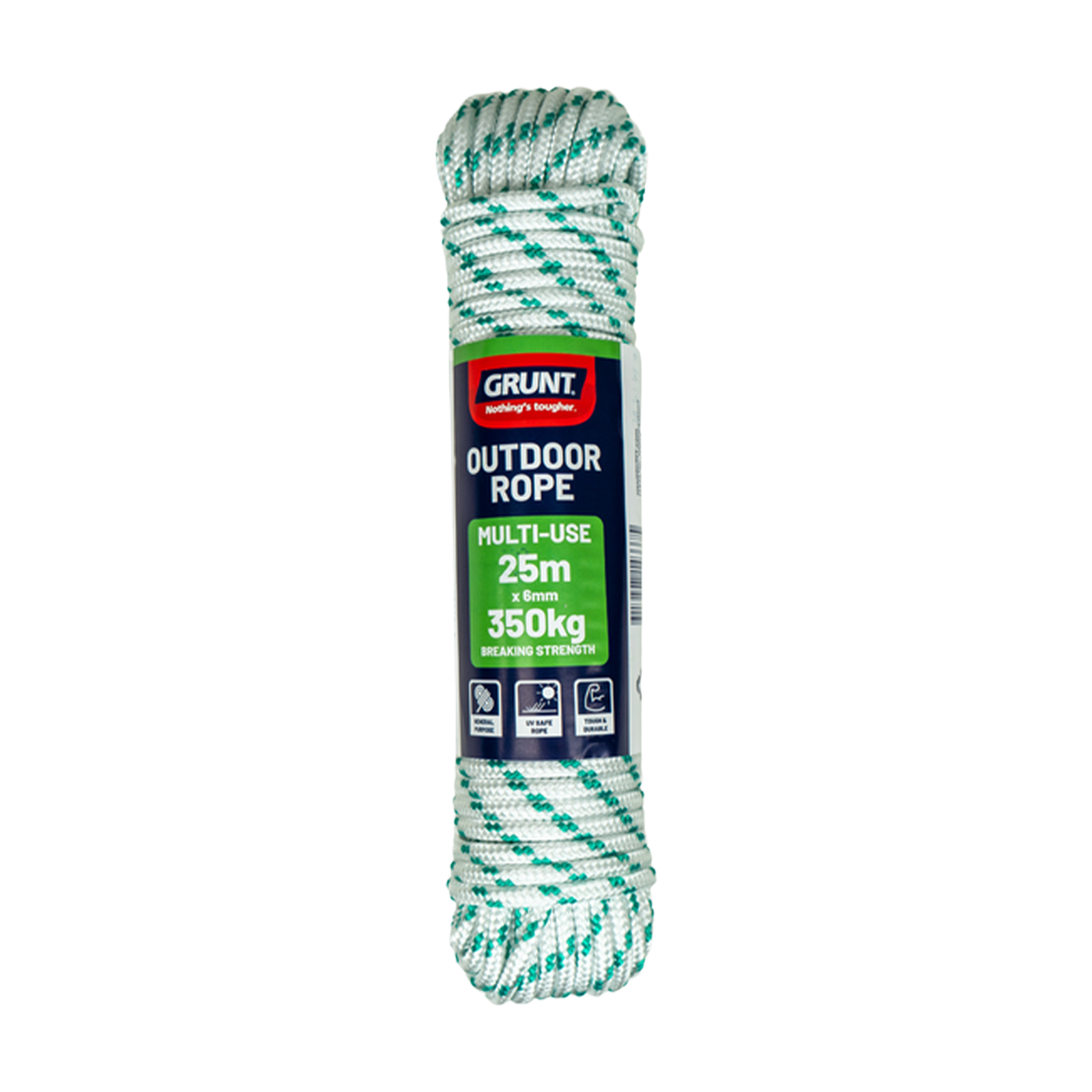 GRUNT 6mm x 25m White and Green Outdoor Rope – durable twisted polypropylene rope for garden, camping, and general outdoor use. UV-resistant and weatherproof. Available at Bunnings NZ.