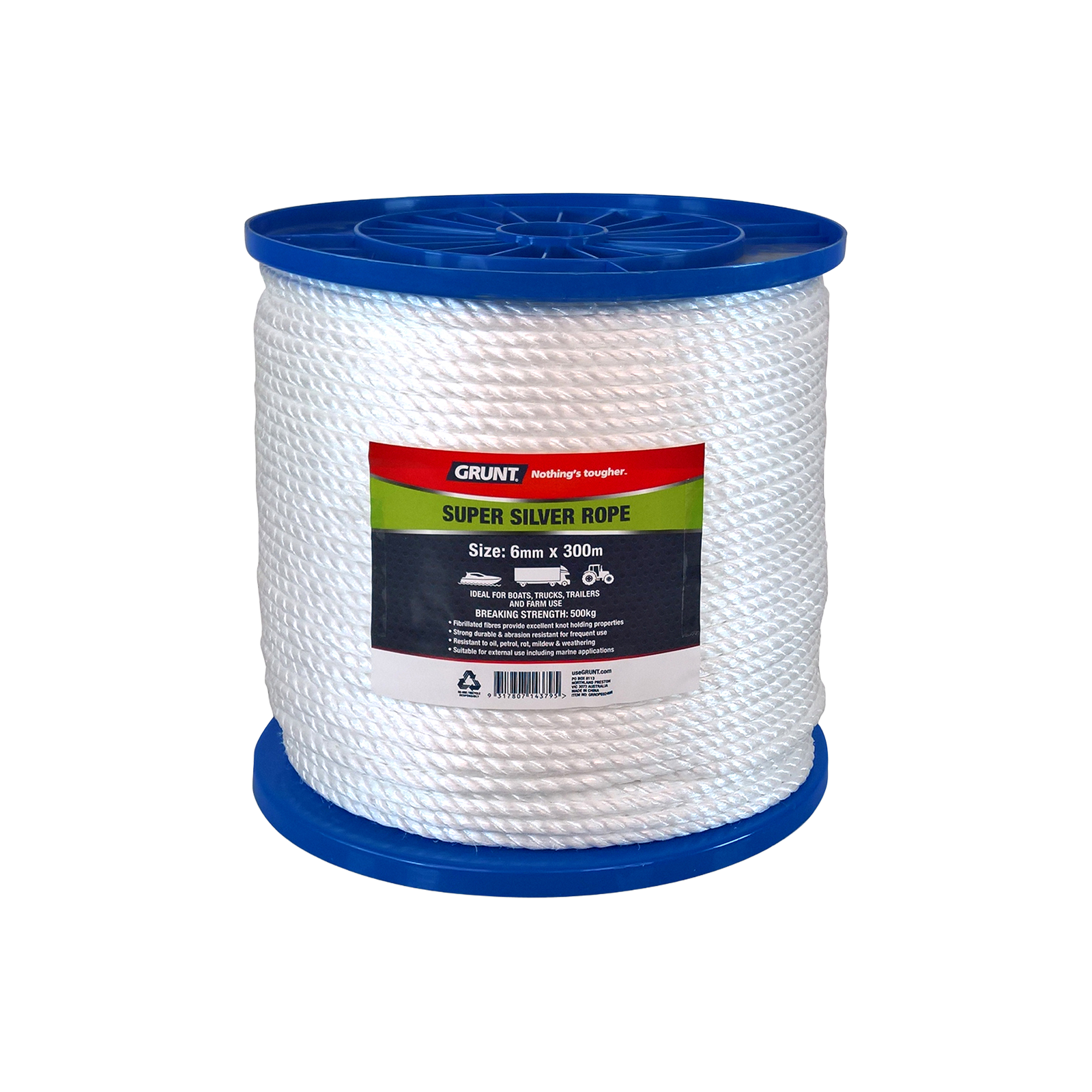 GRUNT 6mm x 300m White Super Silver Rope – large bulk reel of UV-resistant polypropylene rope for high-volume trade and construction site use. Strong, durable, and long-lasting. Available at Bunnings AU.