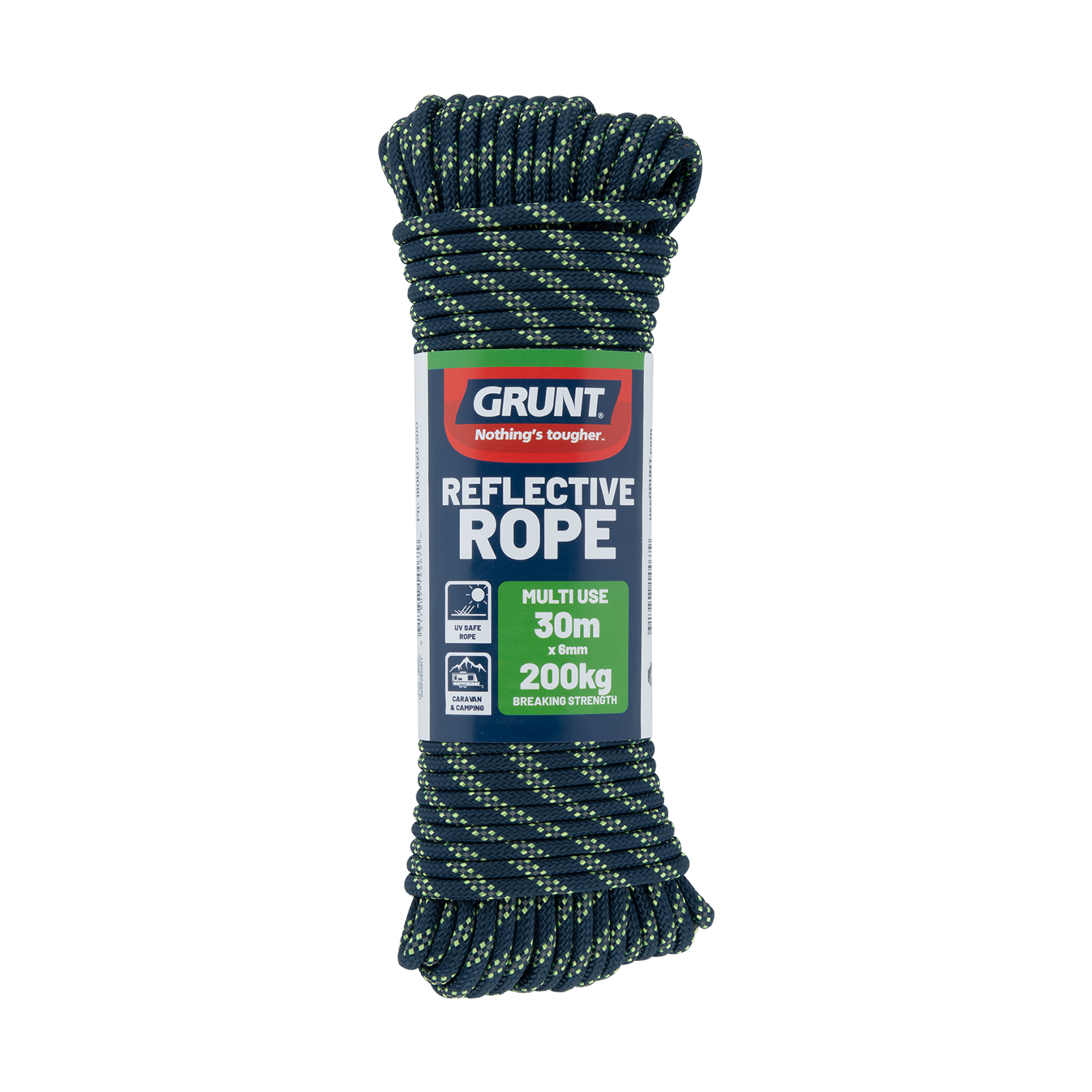 GRUNT 6mm x 30m Multicolour Reflective Rope – night-visible safety rope for camping, hiking, site marking, and perimeter barriers. Reflective threads for low-light and dark condition safety. Available at Bunnings AU and NZ.