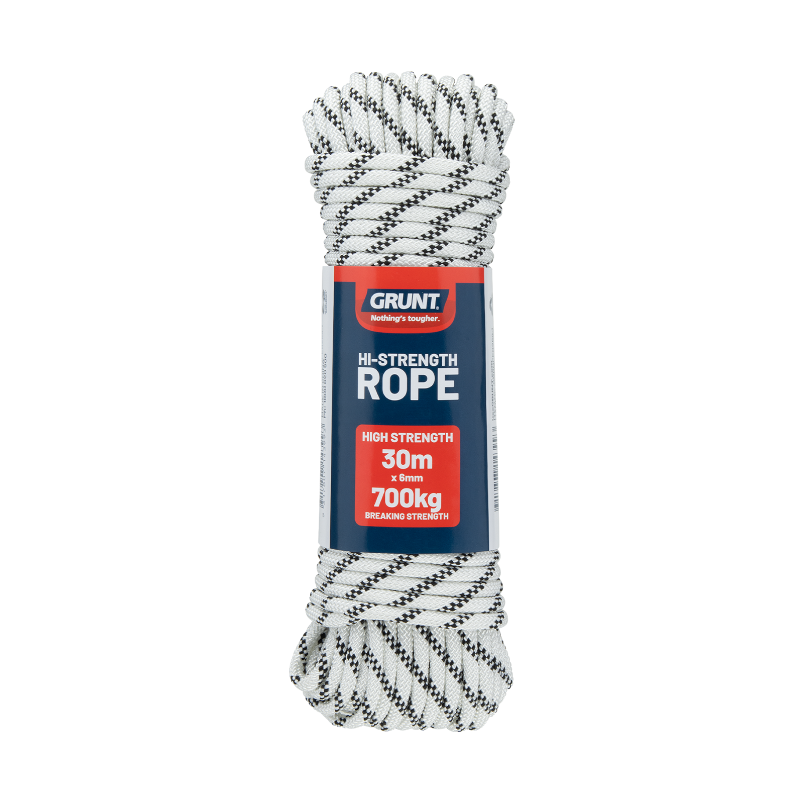 GRUNT 6mm x 30m White High Strength Rope – long-run UV-resistant polypropylene rope for fencing, towing, and outdoor securing tasks. High tensile strength for tradie and DIY use. Available at Bunnings AU and NZ.