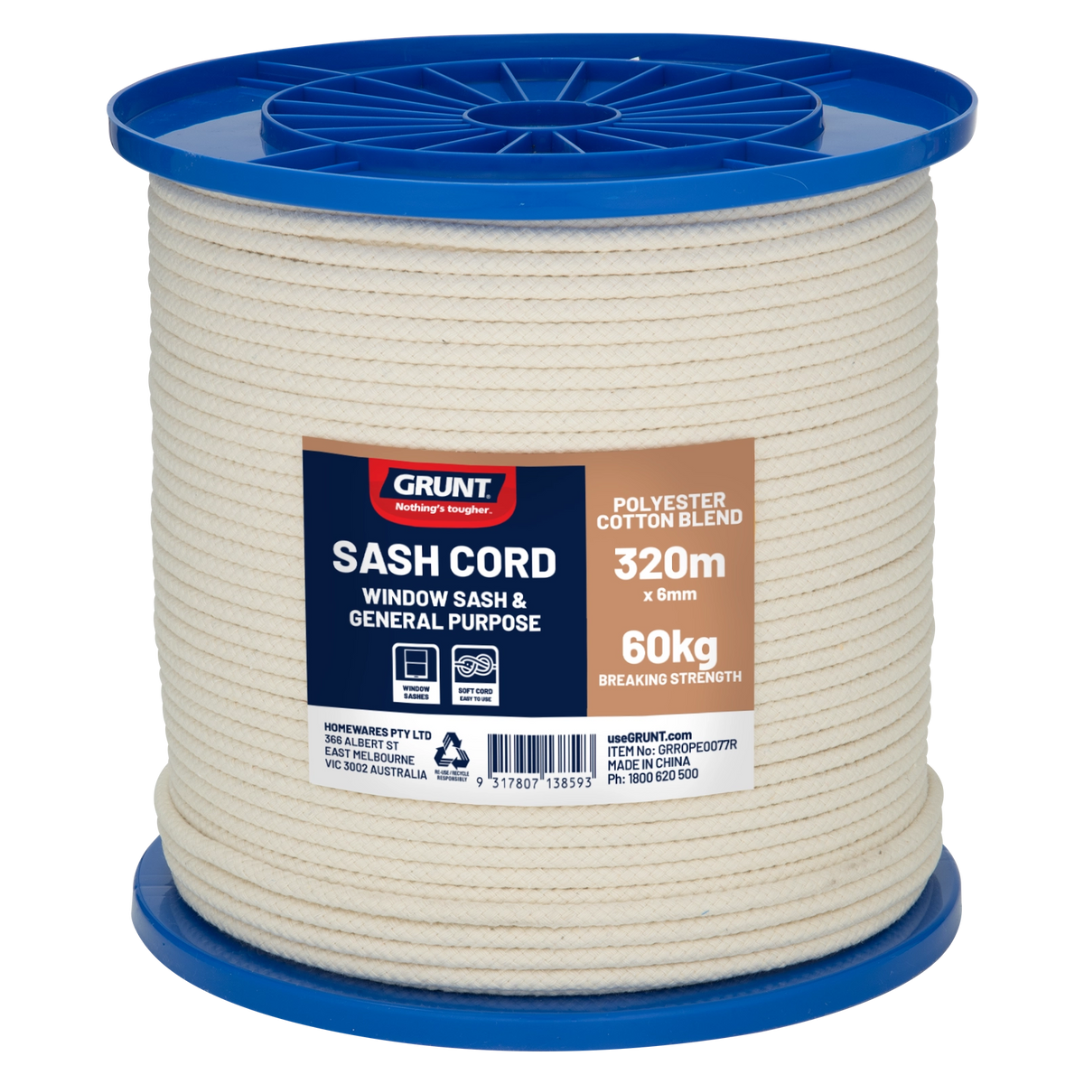 Grunt 6mm x 320m White Polyester Cotton Sash Cord Reel