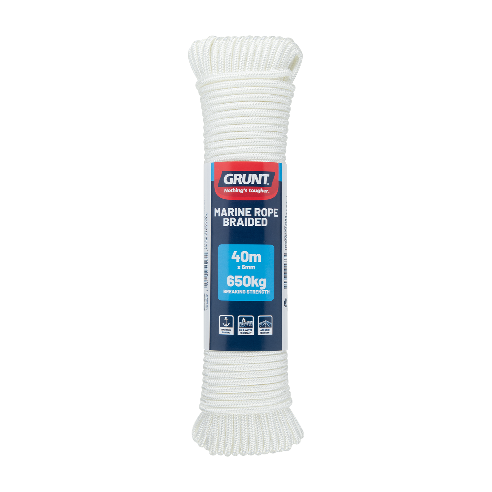 GRUNT 6mm x 40m White Marine Braided Rope – long-length braided polypropylene rope for boating, mooring, docking, and marine applications. UV and water resistant. Available at Bunnings AU and NZ.