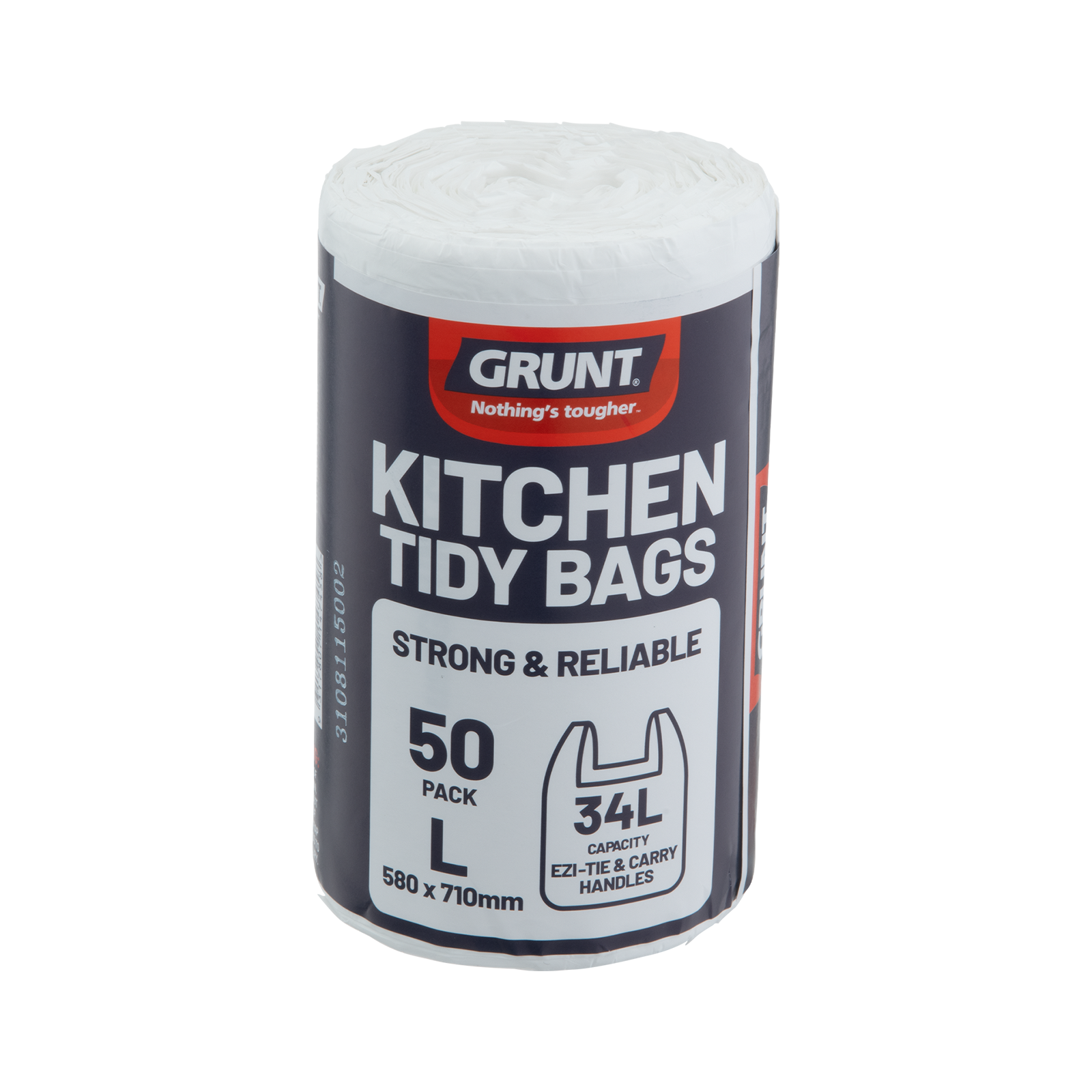 GRUNT 34L White Large Kitchen Tidy Bags 50-Pack – large clean white bin liners for 34L kitchen bins. Durable, leak-resistant bags for everyday household waste. Available at Bunnings AU.