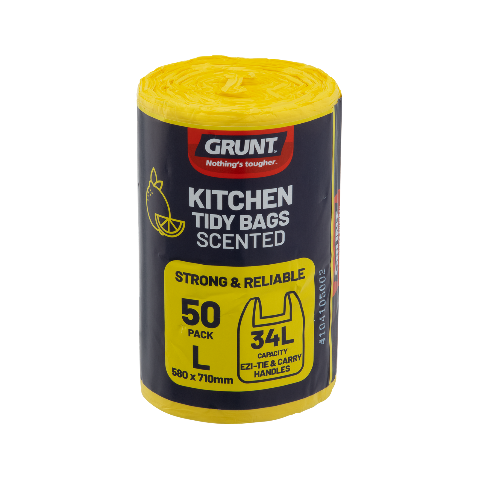 GRUNT 34L Yellow Large Lemon Scented Kitchen Tidy Bags 50-Pack – large fresh-scented kitchen bin liners for 34L bins. Odour-controlling lemon fragrance for daily household waste management. Available at Bunnings AU.