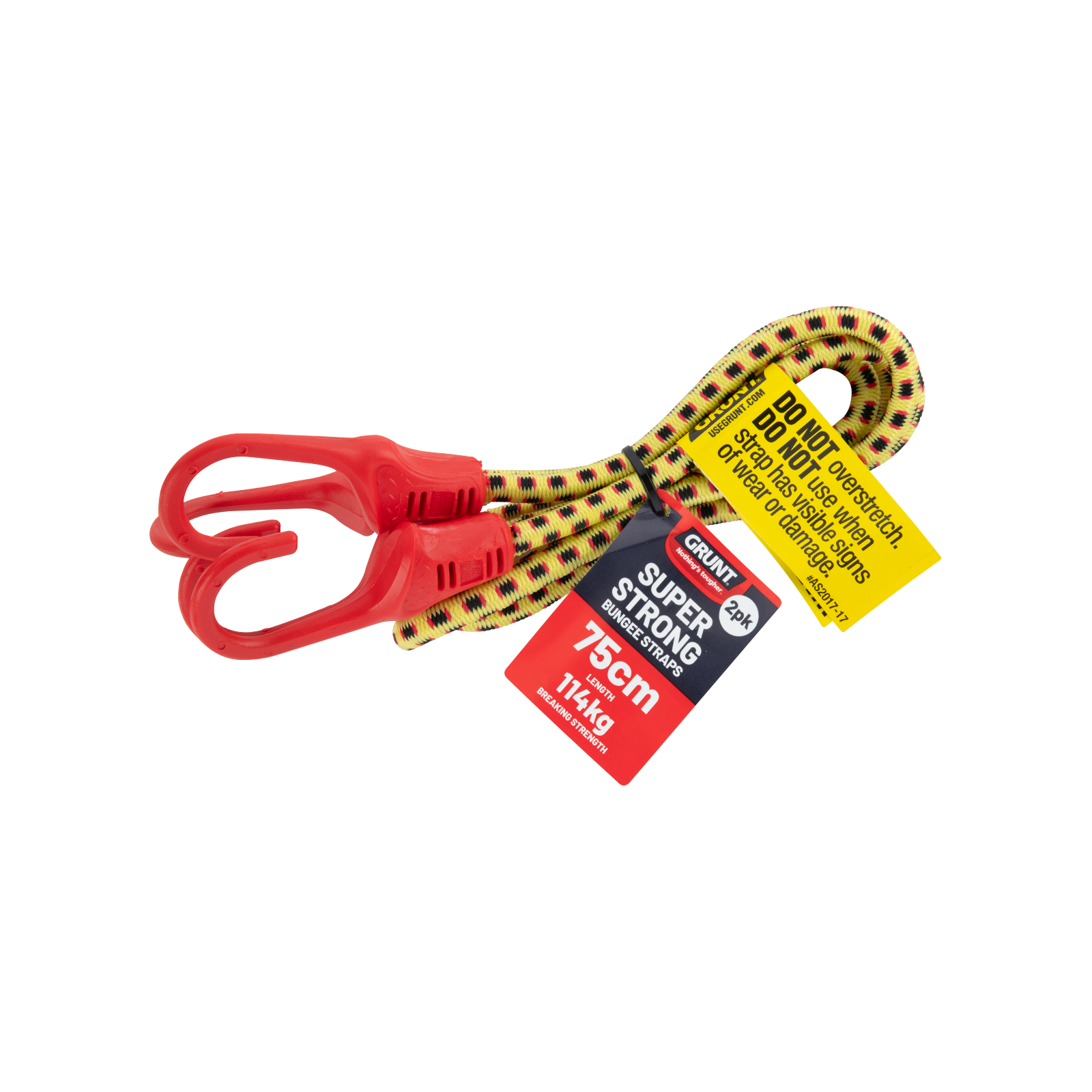 GRUNT 750mm Yellow and Black Octopus Tie Down Straps 2-Pack – multi-hook elastic bungee straps for securing loads on bikes, trailers, and ute trays. Fast and flexible load securing. Available at Bunnings AU and NZ.